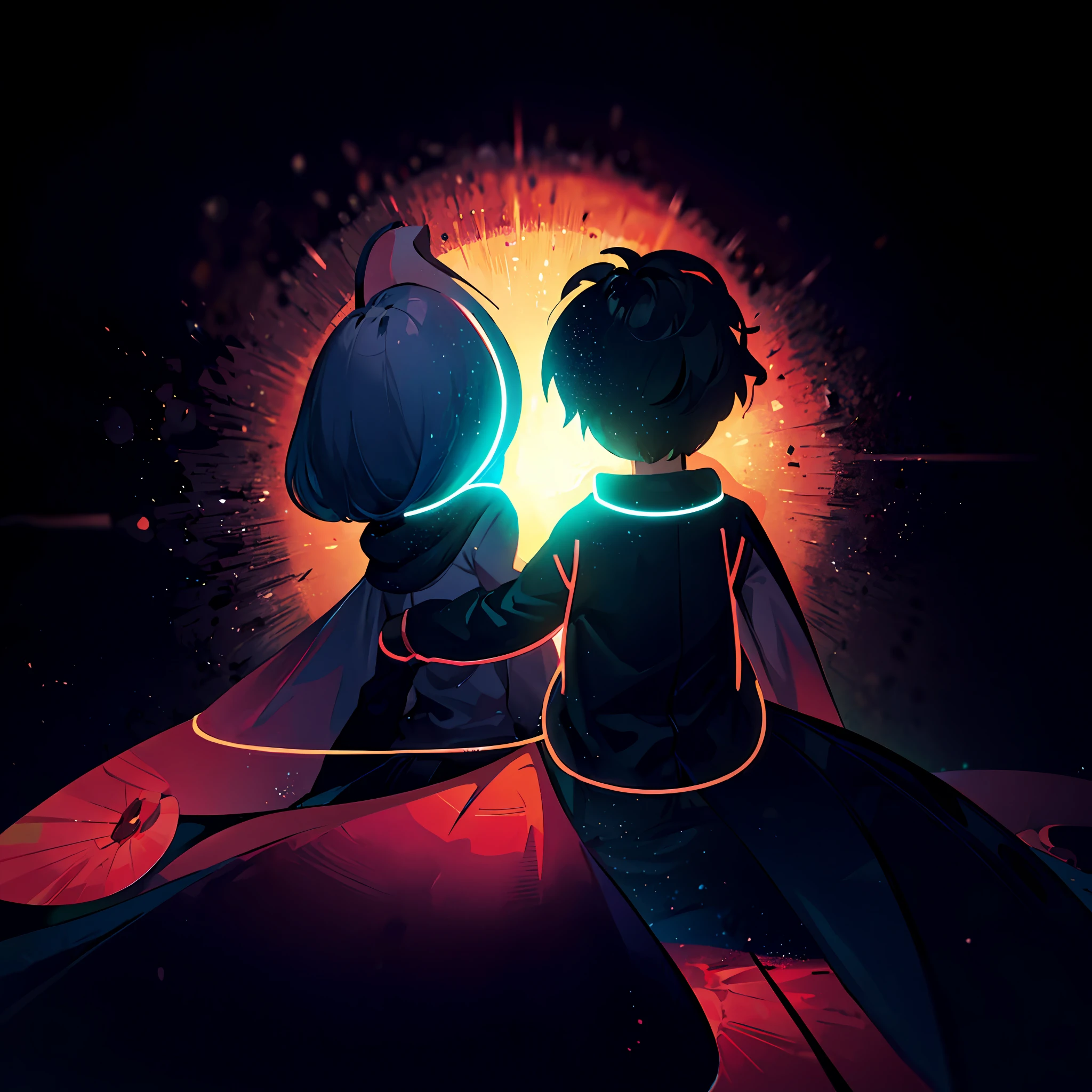 there is a man and a woman sitting on a globe, john egbert, 2 d render, blurry and dreamy illustration, 2d illustration, 2 d illustration, it is glowing, omori, procreate illustration, blurred and dreamy illustration, illustration!, no gradients, inspired by Goro Fujita, calm night. digital illustration
