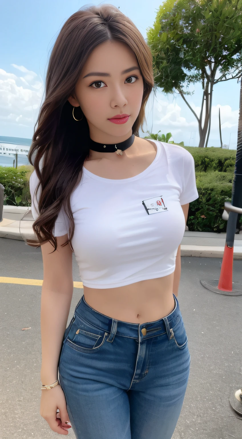 ((Top Quality, 8k, Masterpiece: 1.3)), Sharp Focus: 1.2, Beautiful Women in Perfect Style: 1.4, Slender Abs: 1.2, ((Dark Brown Hair, Big: 1.2)), Angel Face, Detailed Face, Beautiful Girl, Cute, White T-shrt, Jeans, Pendant, Waikiki Beach: 1.2, Palm Tree, (Front Shot), (Full Length Photo: 1.3,), Highly detailed face and skin texture, detailed eyes, double eyelids (cowboy shot: 1.2),(Perfect anatomy: 1.2),(Wide hips: 1.1), (Black T-shirt, pants, choker, beret: 1.2),