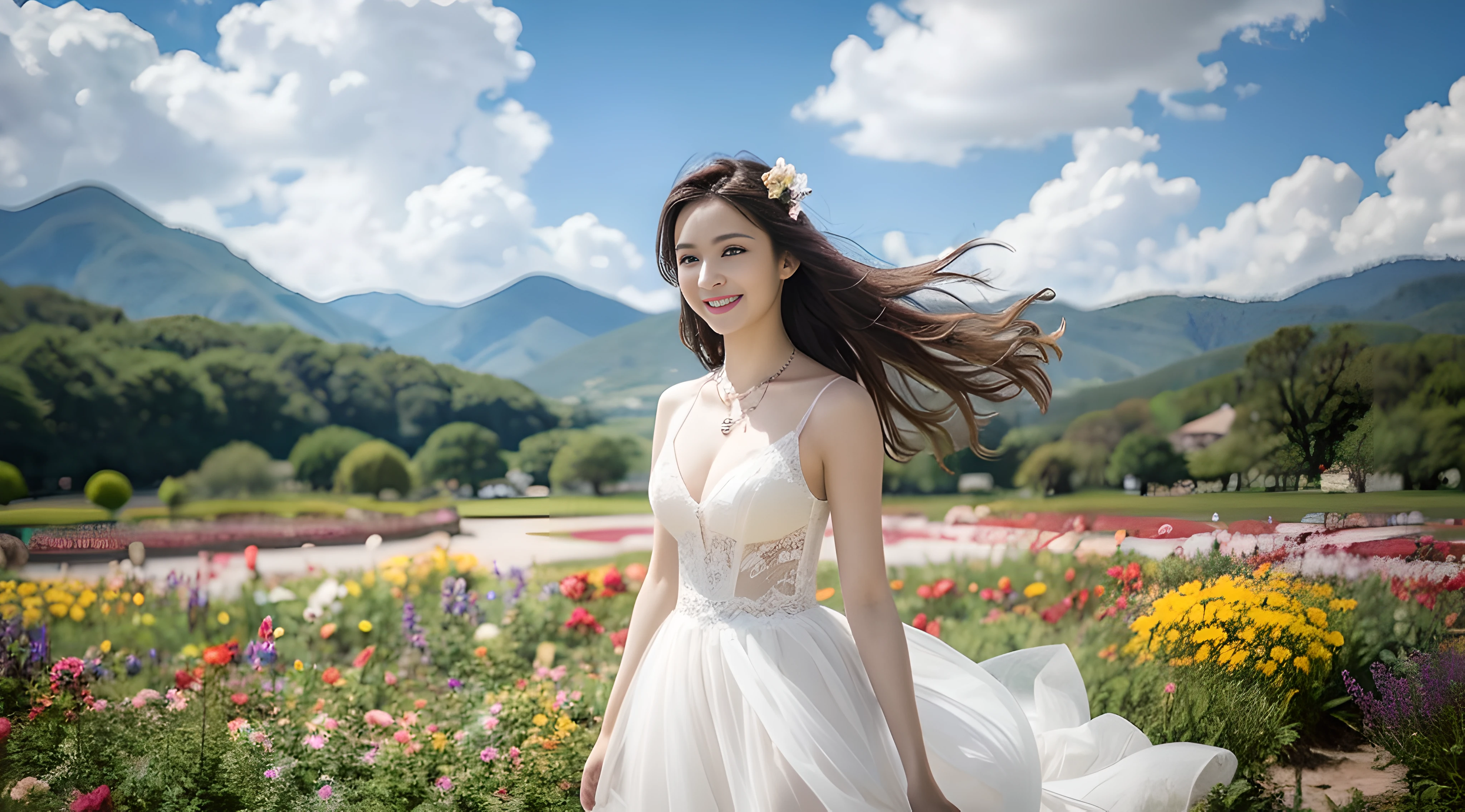 1 Girl, Dynamic Angle, Clouds and Mountains, (Flower Garden: 1.4) Foreground, White Dress, Light Tracing, (Floating Colorful Wind: 1) (Realistic: 1.4), Official Art, Unity 8k Wallpapers, Ultra Detail, Beautiful and Beautiful, Masterpiece, Best Quality, Glowing Skin, Movie Lighting, Light Smile, Necklace, Korean Woman, Full Body, Beautiful Face, Normal Fingers