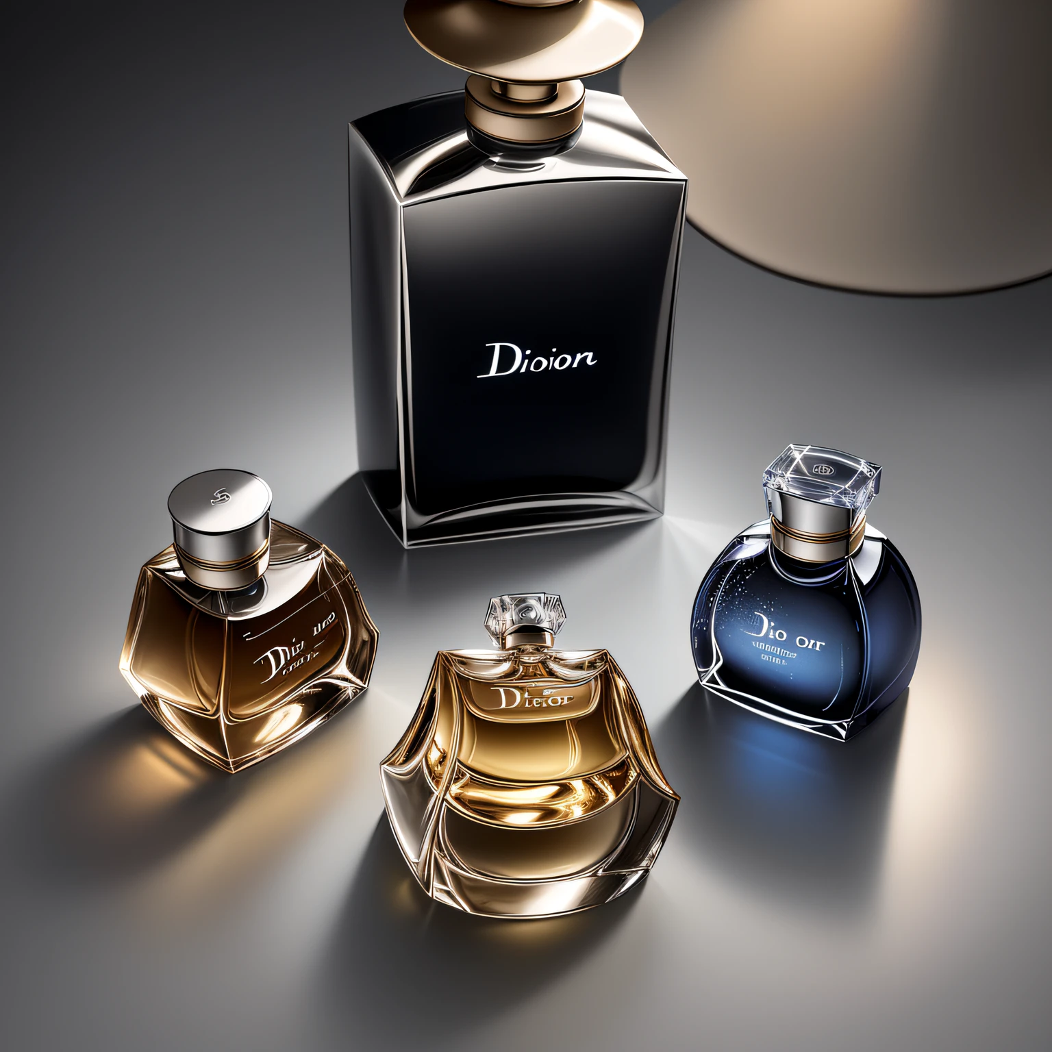 Dior perfume on mirror against light blue sky, surrounded by flowers with falling petals, sunlight reflection, high angle shot5, high detail, high quality, photography, 8k octane rendering --auto