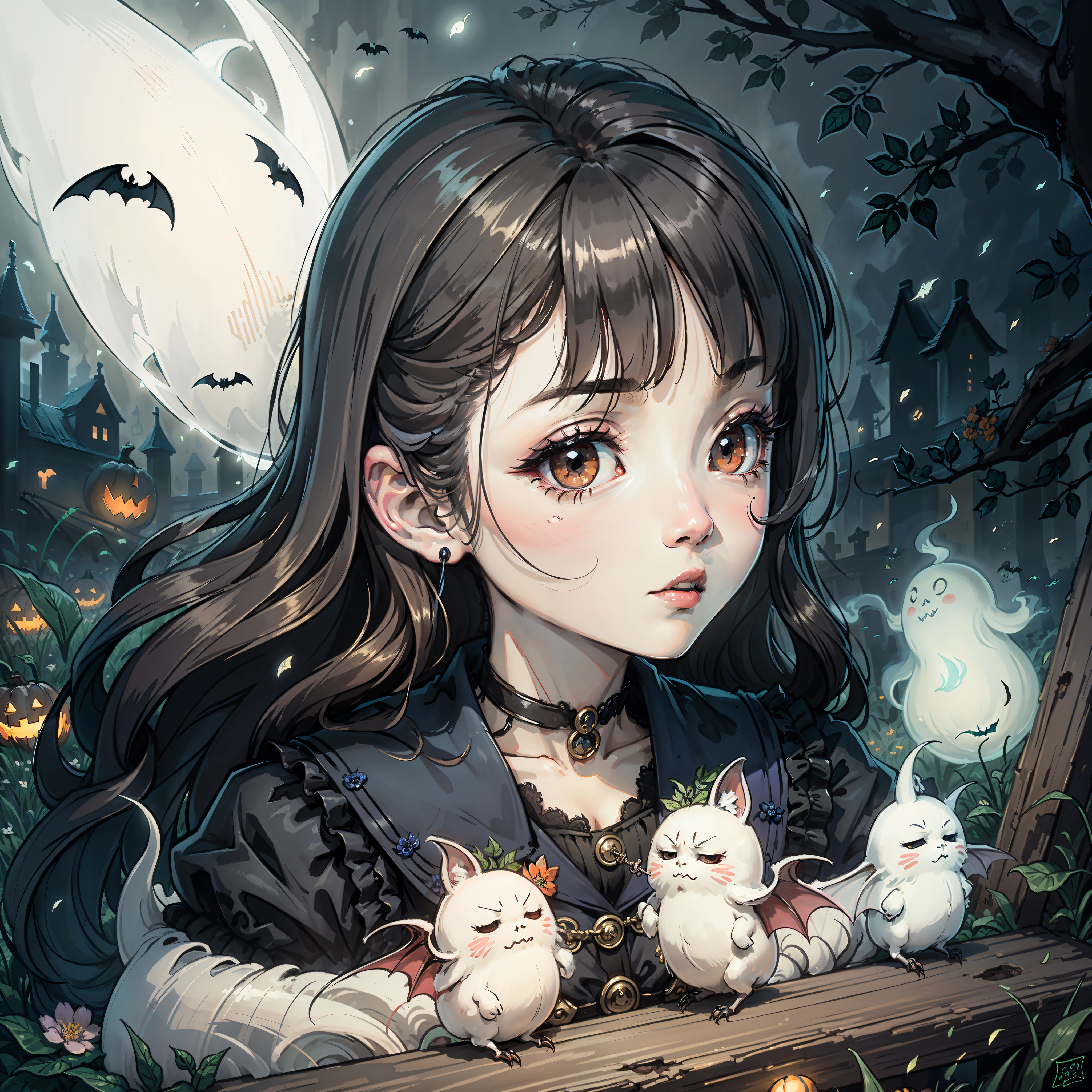 Halloween poster, bats, spring water, white ghosts --auto