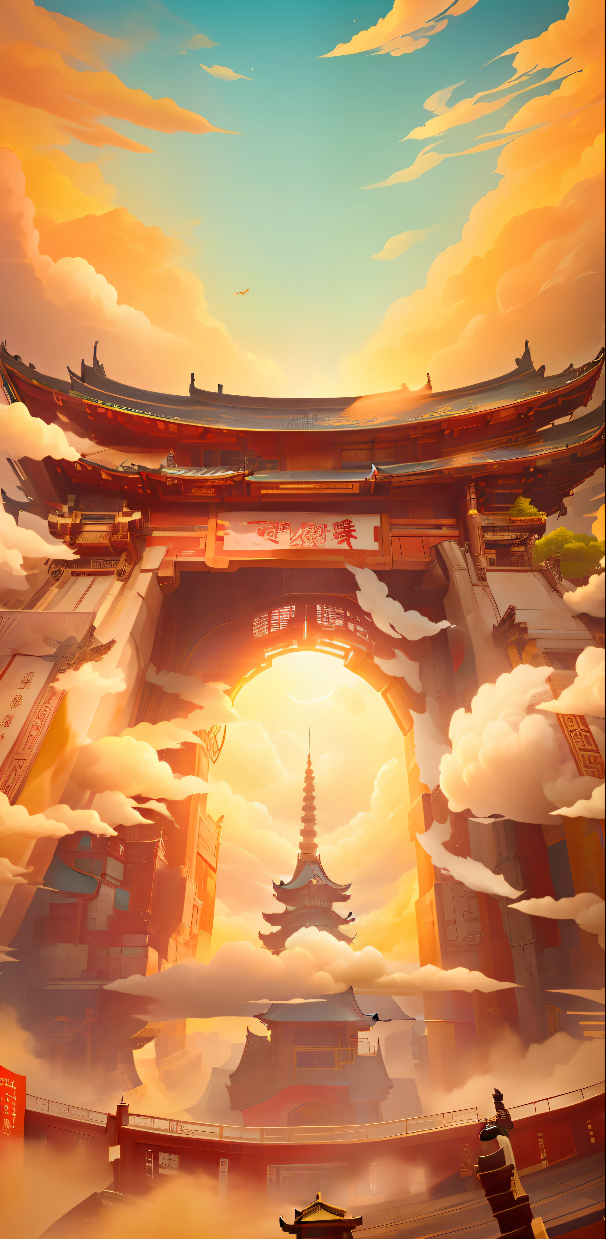 HD, looking up, in the middle of the picture is a Chinese-style building with an open door, cloud, Tang Dynasty architecture
