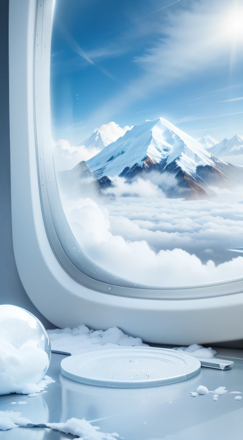 High definition, strong light sense, round table in the foreground, an airplane window behind, water droplets outside the window, you can see a tall snowy mountain standing outside, surrounded by clouds --auto