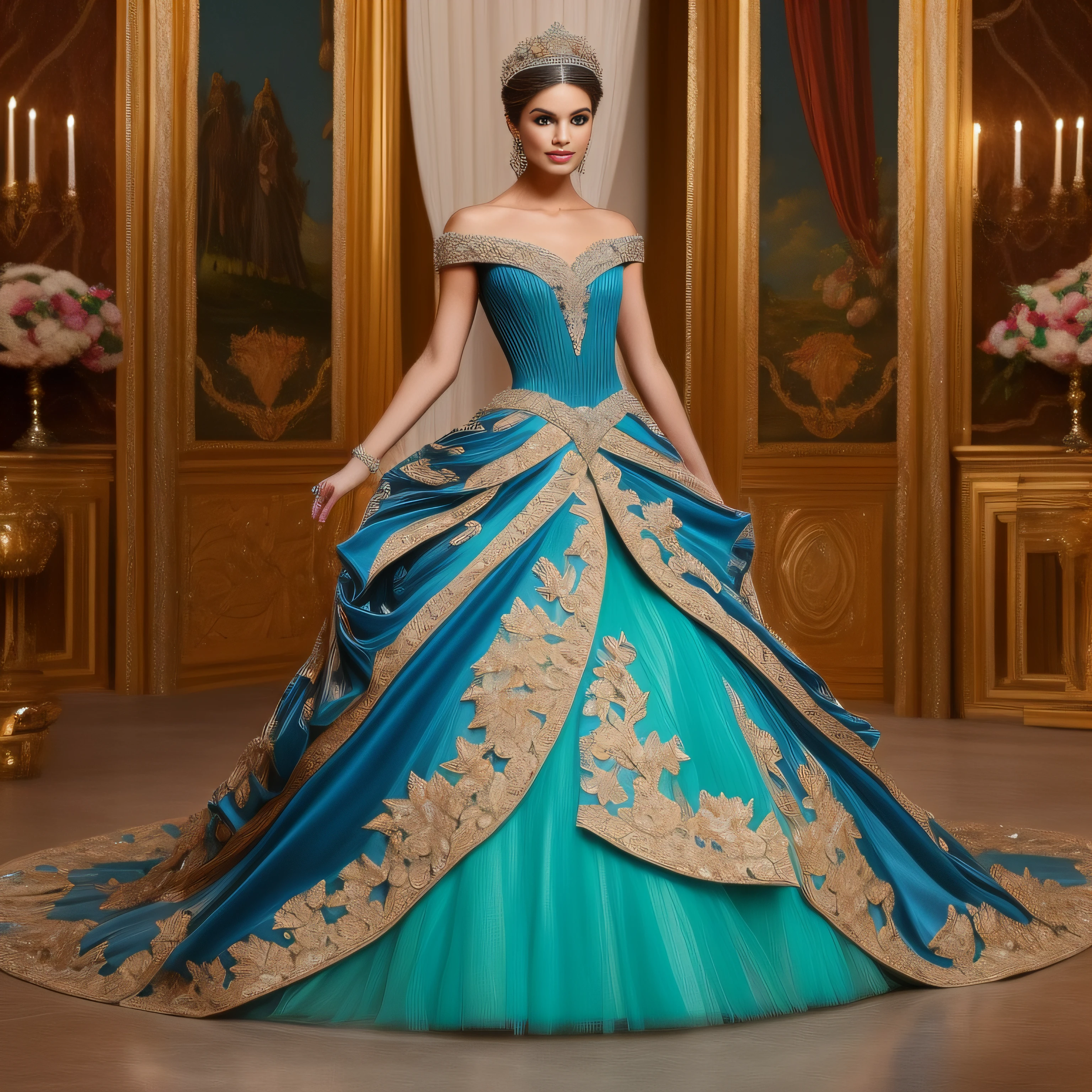 beautiful hispanic woman in a blue and gold haute couture dress with no sleeves and tulle skirt with ruffles, rhinestones and embroidery walking on the runway , ((a beautiful fantasy empress)), beautiful female princess, royal elegant pose, royal dress, ornate royal gown, beautiful princess, royal gown, princess portrait,