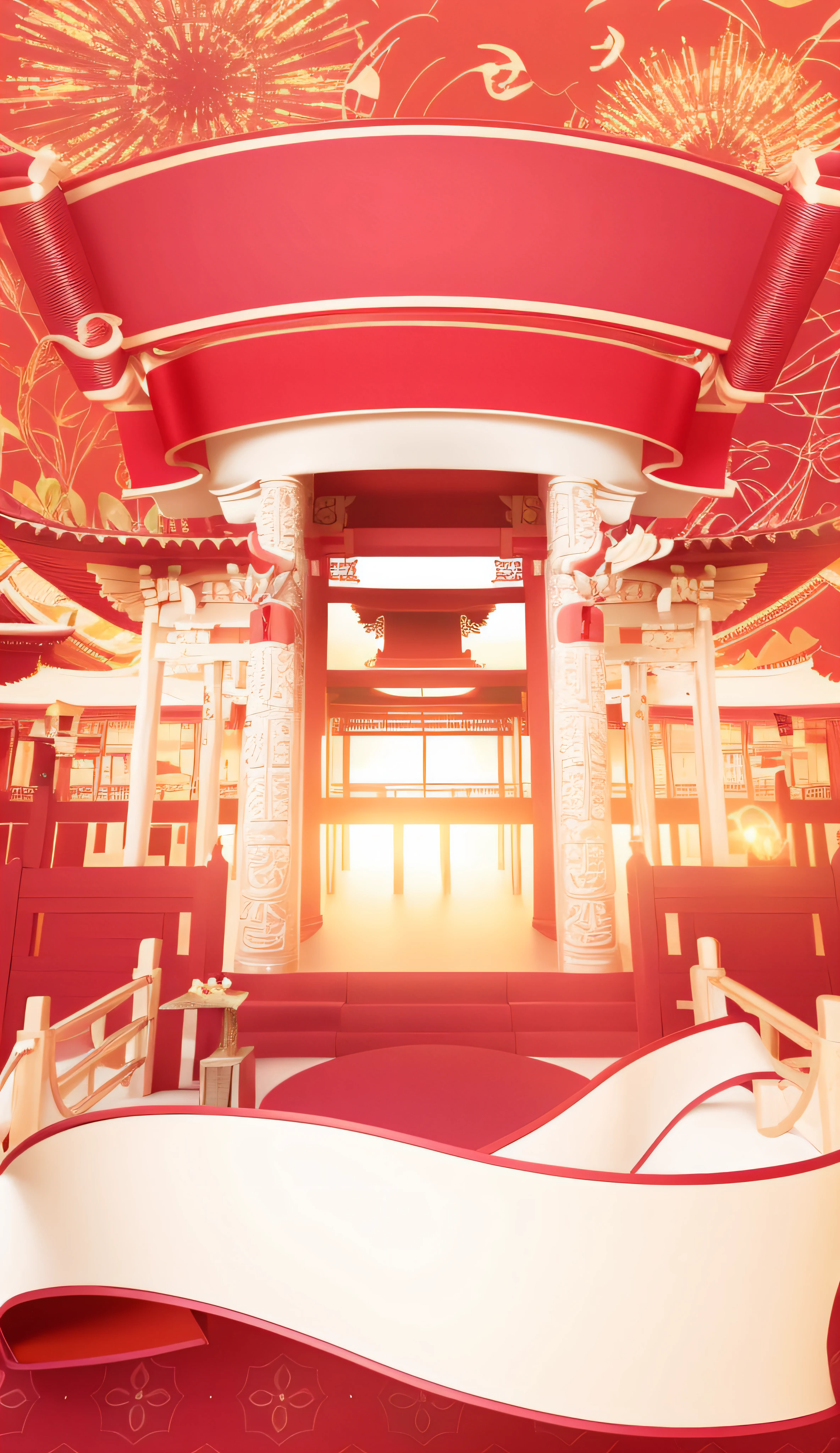 There is a red and gold room, red carpet and red ceiling, beautiful rendering of the Tang Dynasty, Japonisme 3 d 8 k ultra detailed, temple background, background depicting temple, inspired by torii Kiyosho II, pop japonisme 3d super detailed, inspired by torii Kiyomatsu, zen temple background, temple