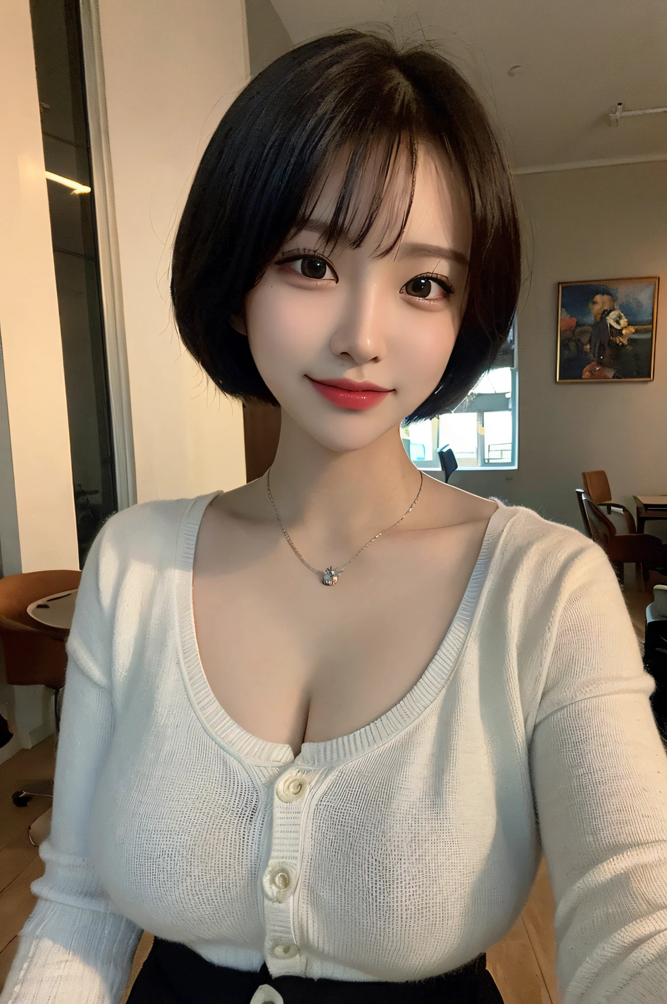 ((Top Quality, 8K, Masterpiece:1.3)), Detailed Woman:1.3, (Medium Shorthair, Big Breasts:1.2), Cardigan:1.1, Ultra Detailed, Detailed, Eyelids