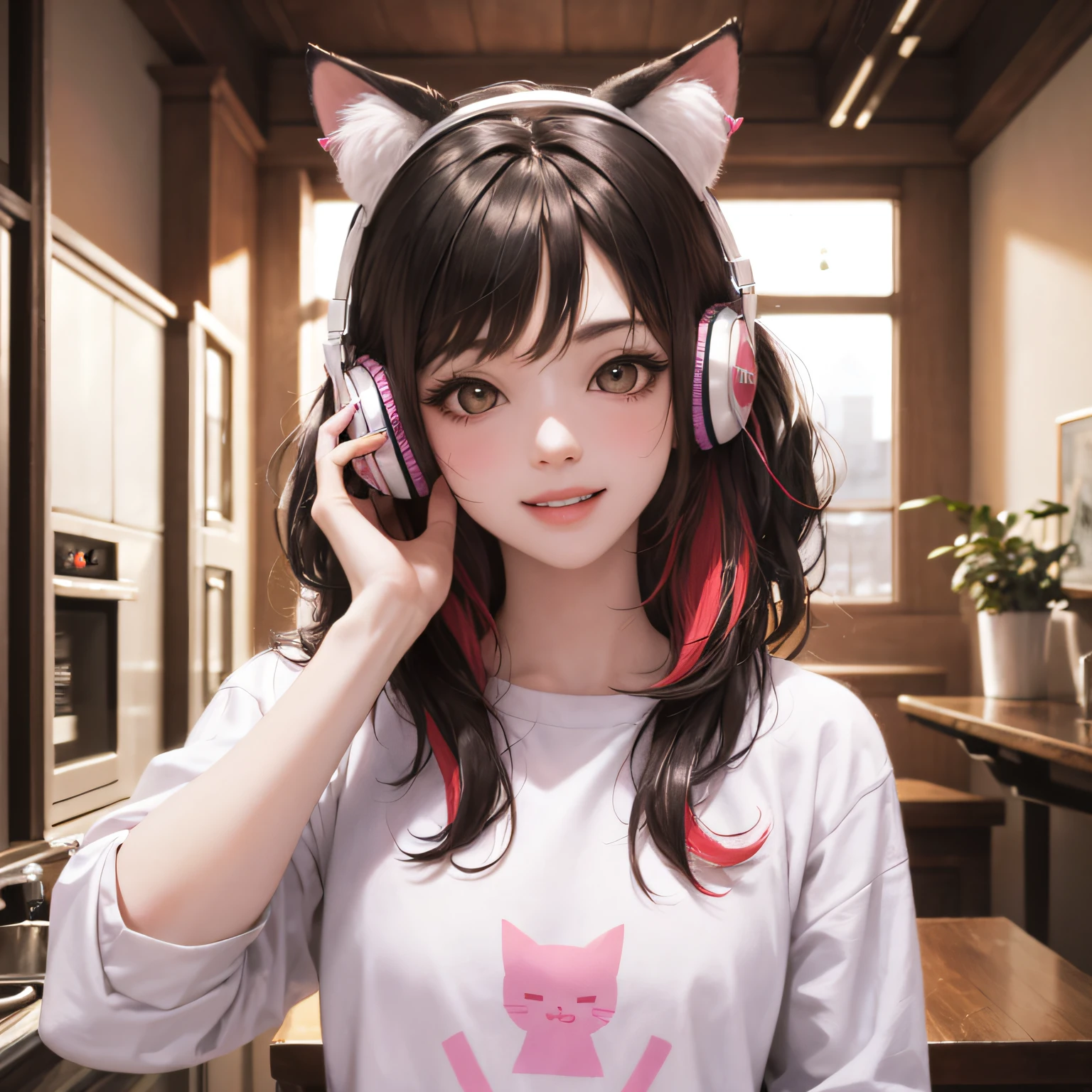 black hair, hair bobbles, wince, longeyelashes, solid circle eyes, fake animal ears, light smile, ear blush, fang, streaked hair, streaked hair, multicolored hair, heart-shaped pupils, cat ear headphones, full blush, Surrealism, drop shadow, anaglyph, stereogram, tachi-e, pov, atmospheric perspective, 8k, super detail, ccurate, best quality --auto