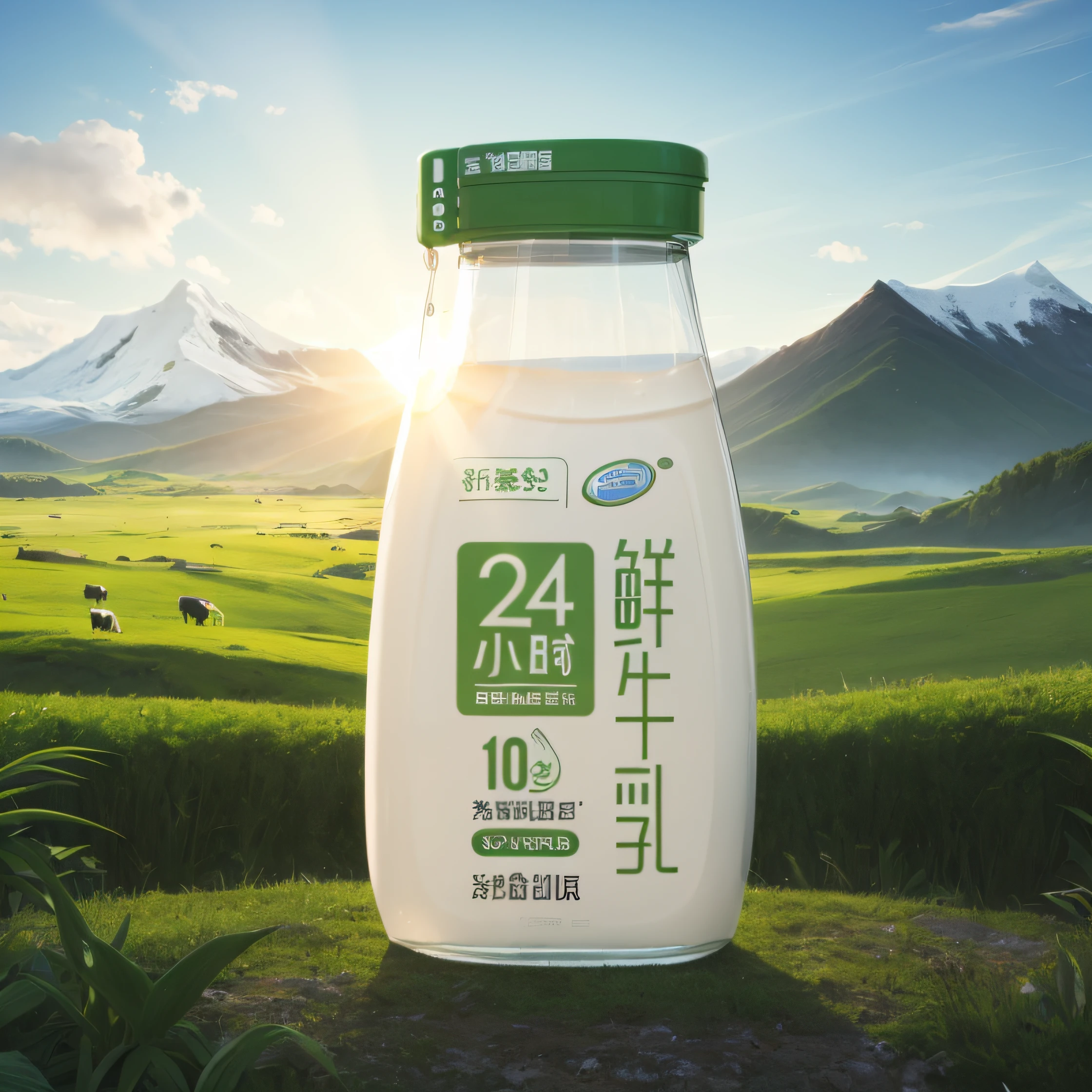 Product poster picture, fresh milk, 24 hours, snow mountain, bright, e-commerce, HD, texture, plenty of sunshine, green plants, vistas, grasslands, grazing cows, the background scene has become very wide