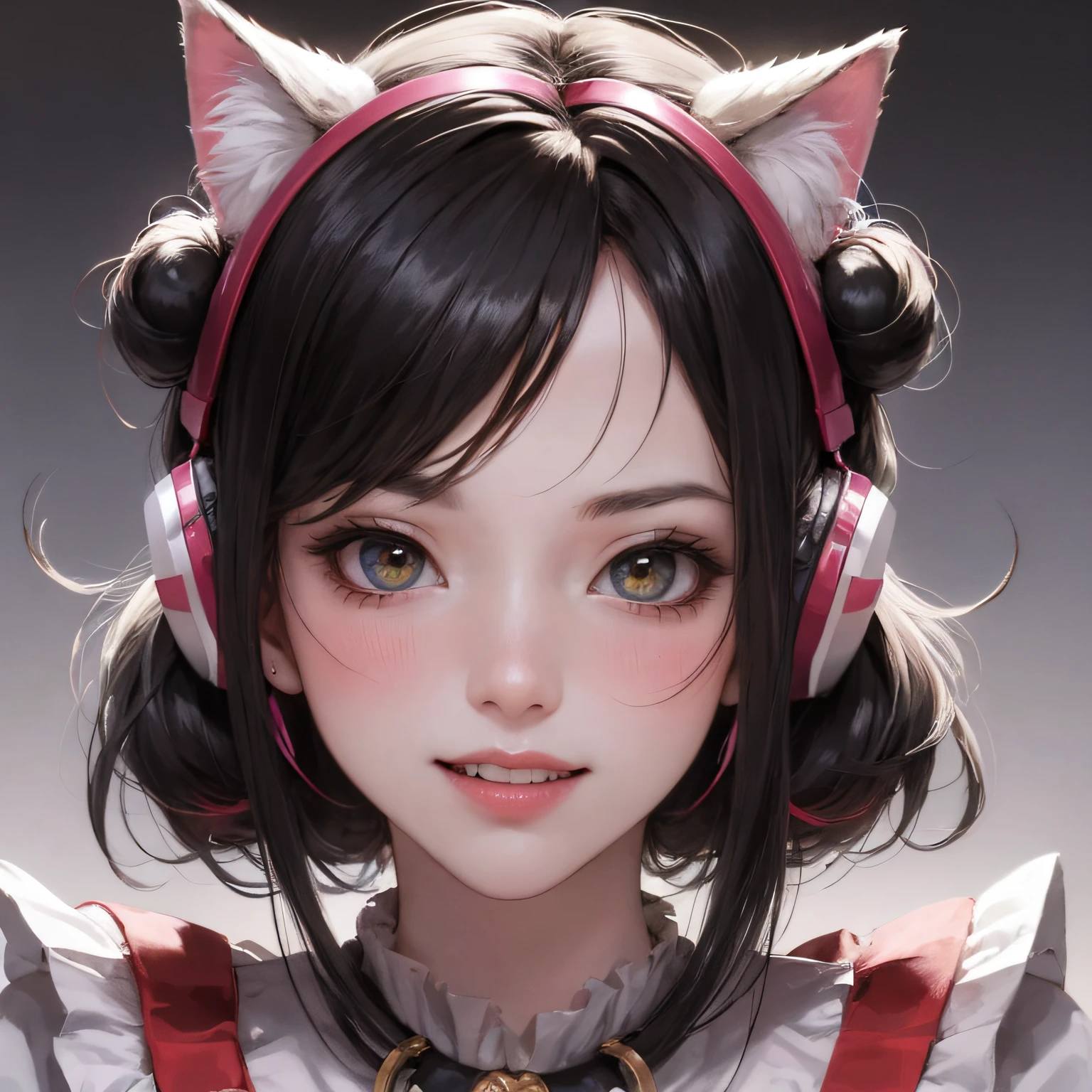 black hair, hair bobbles, wince, longeyelashes, solid circle eyes, fake animal ears, light smile, ear blush, fang, streaked hair, streaked hair, multicolored hair, heart-shaped pupils, cat ear headphones, full blush, Surrealism, drop shadow, anaglyph, stereogram, tachi-e, pov, atmospheric perspective, 8k, super detail, ccurate, best quality --auto