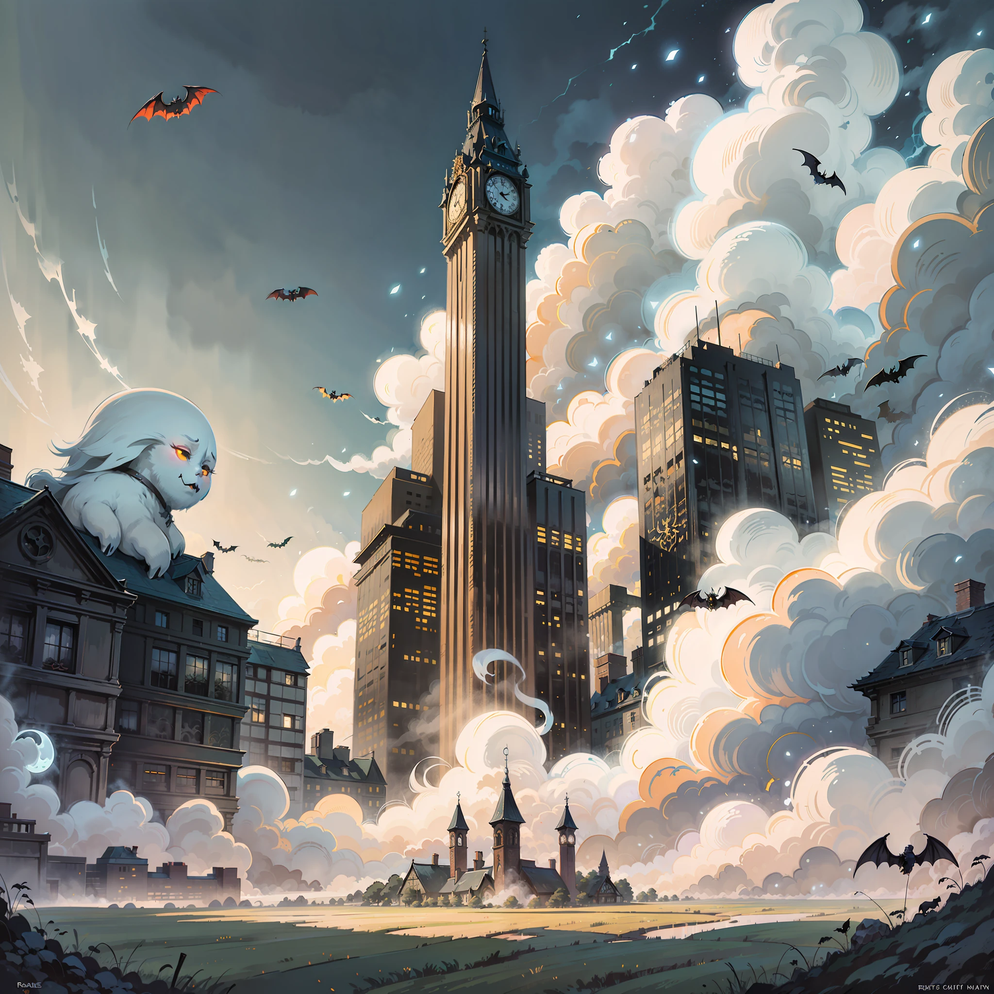 Halloween poster, bats, city, meadow, sky with lots of clouds, white ghost, real ray tracing