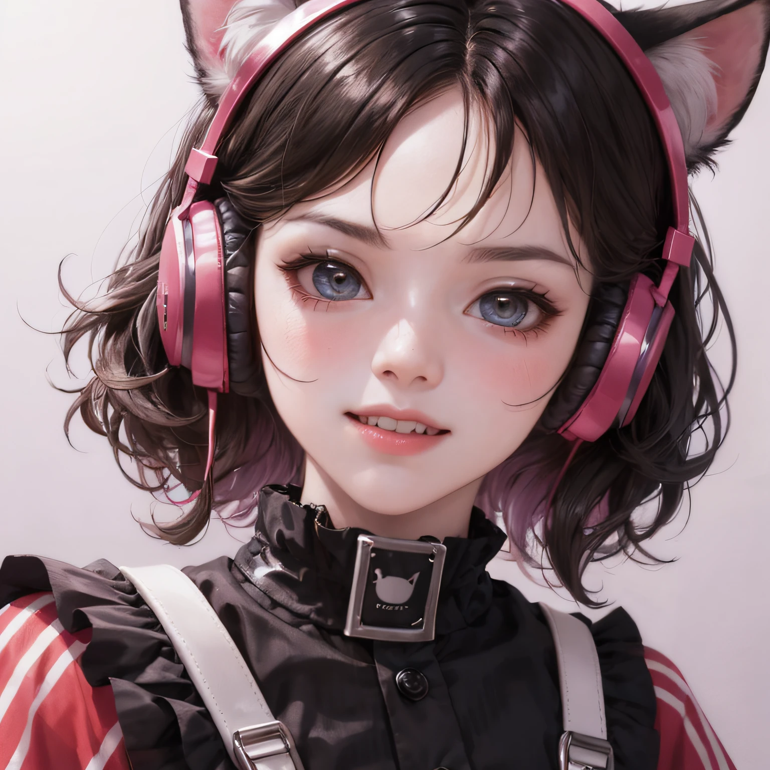 black hair, hair bobbles, wince, longeyelashes, solid circle eyes, fake animal ears, light smile, ear blush, fang, streaked hair, streaked hair, multicolored hair, heart-shaped pupils, cat ear headphones, full blush, Surrealism, drop shadow, anaglyph, stereogram, tachi-e, pov, atmospheric perspective, 8k, super detail, ccurate, best quality --auto