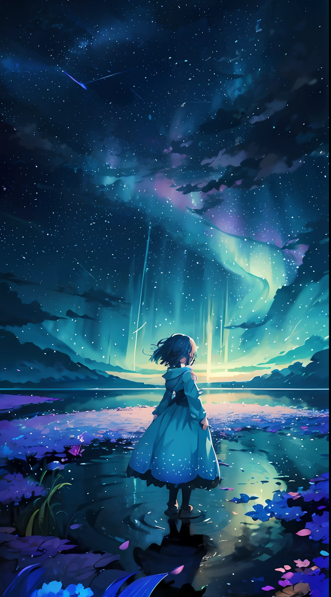 Girl looking at aurora in the sky, Makoto Shinkai Cyril Rolando, girl with long black hair, endless universe in background, anime art wallpaper 8 K, inspired by Yumi, anime art wallpaper 4k, anime art wallpaper 4k, beautiful anime artwork, Yumi, calm night. Digital illustration