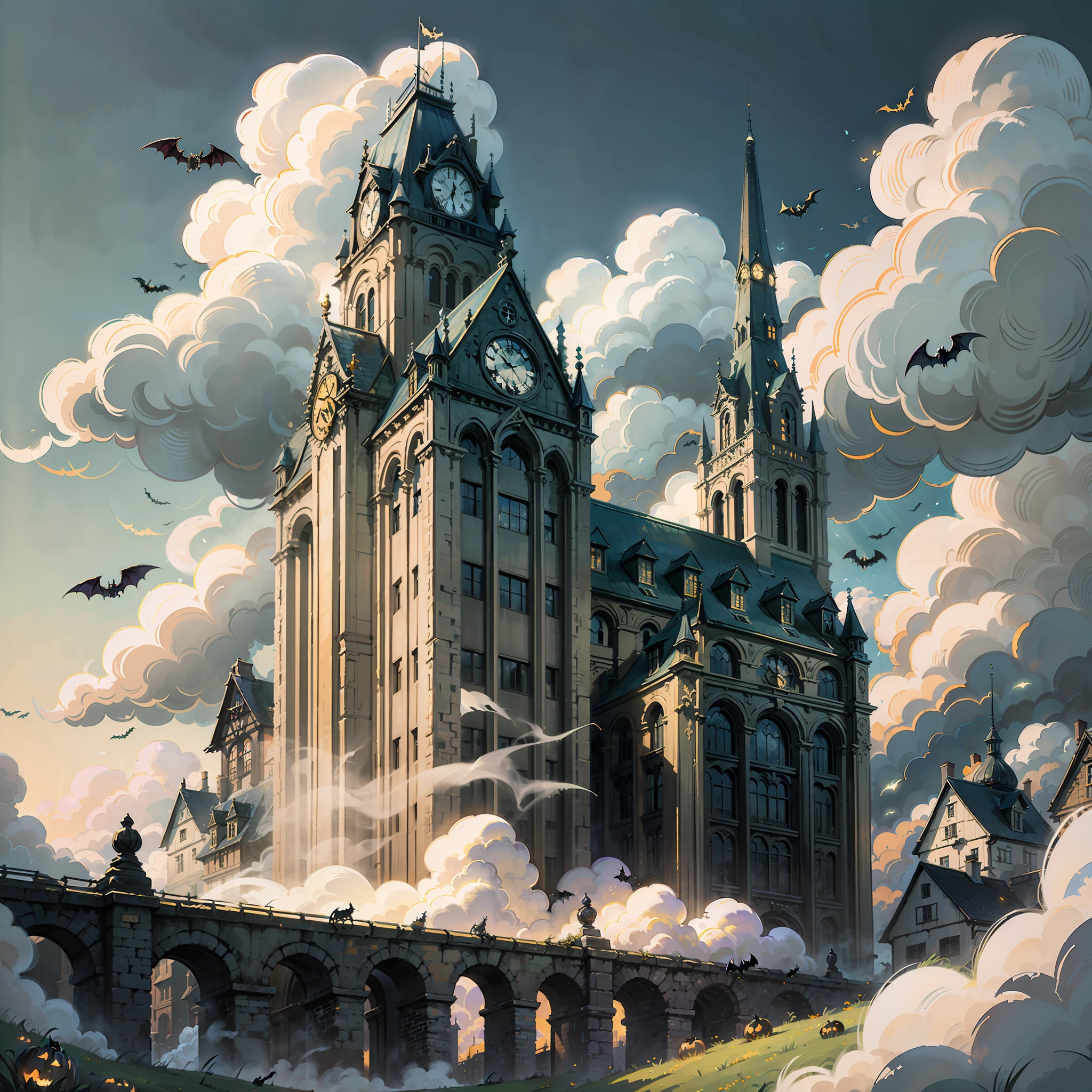 Halloween poster, bats, city, meadow, sky with lots of clouds, white ghost, real ray tracing