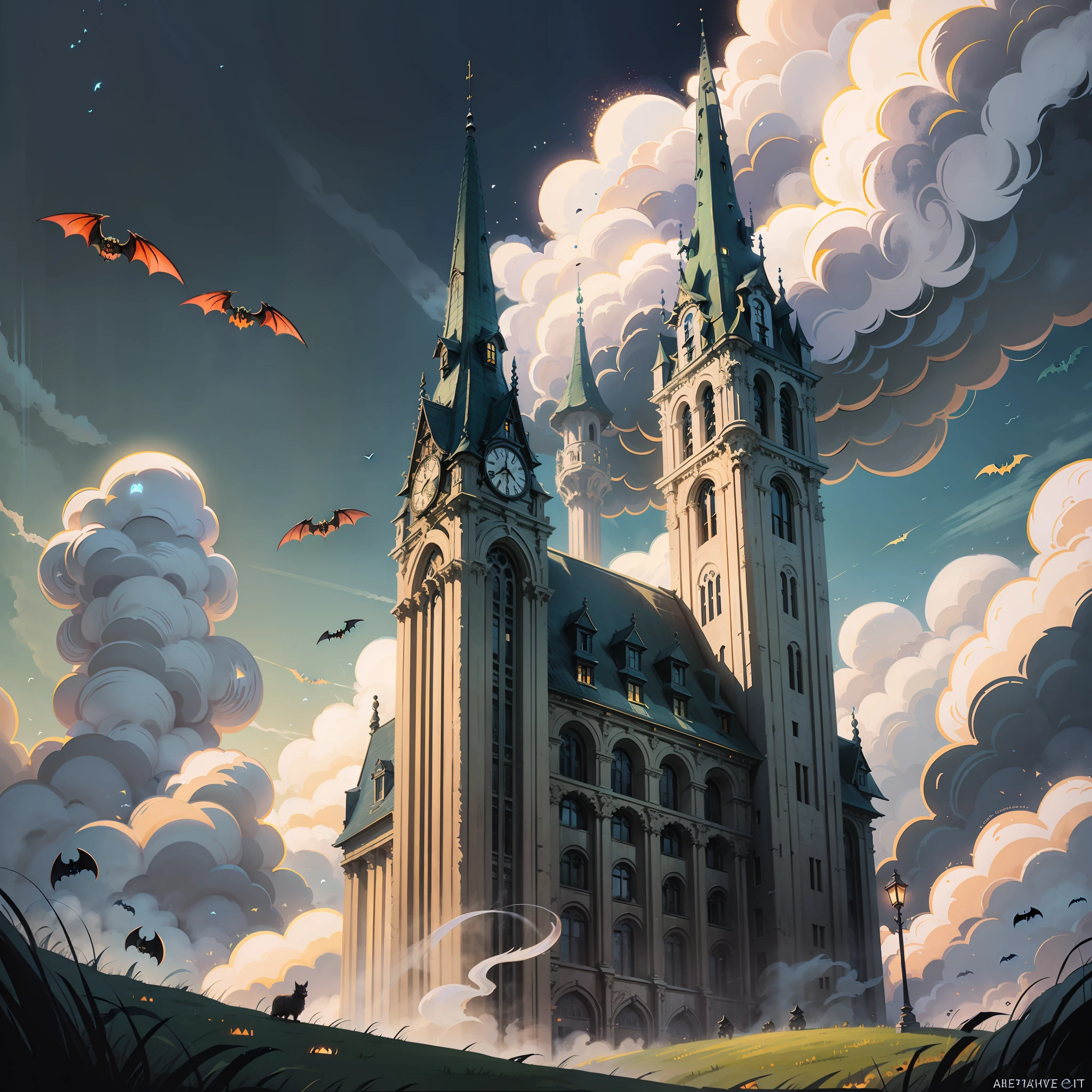 Halloween poster, bats, city, meadow, sky with lots of clouds, white ghost, real ray tracing