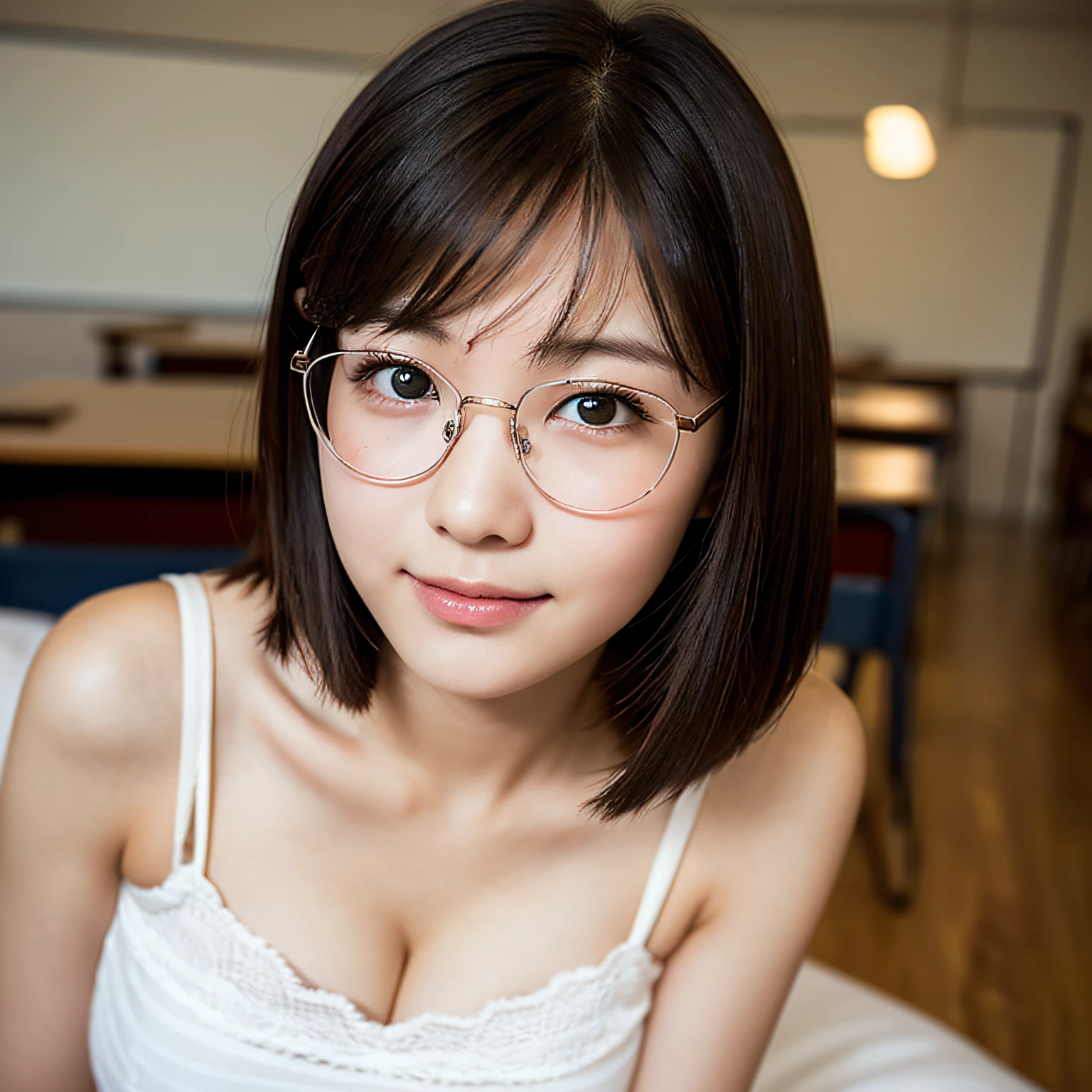 1girl, cute, 20 years old, look at the audience, photo, realistic, hire, detailed face, classroom, detailed background, diffuse lighting, shy, pleading eyes, dark hair, short hair, light smile, depth of field, best quality, high resolution, uhd,teacher,cleavage,glasses, bedroom, bed