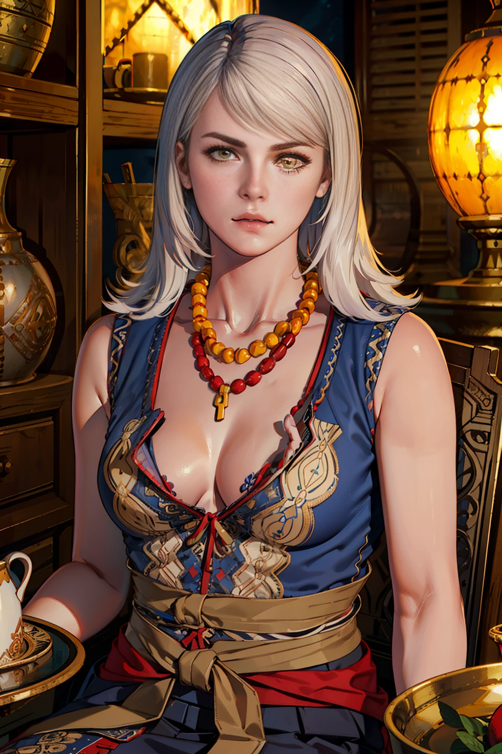 (thin waist), kmzW3 girl, looking at viewer, white hair, yellow eyes, dress, skirt, bead necklace, sitting, cleavage, Ultra-realistic 8K CG, masterpiece, ((ultra-detailed background, delicate pattern, intricate details)), best quality, intricate details, 1girl, solo, dim lighting