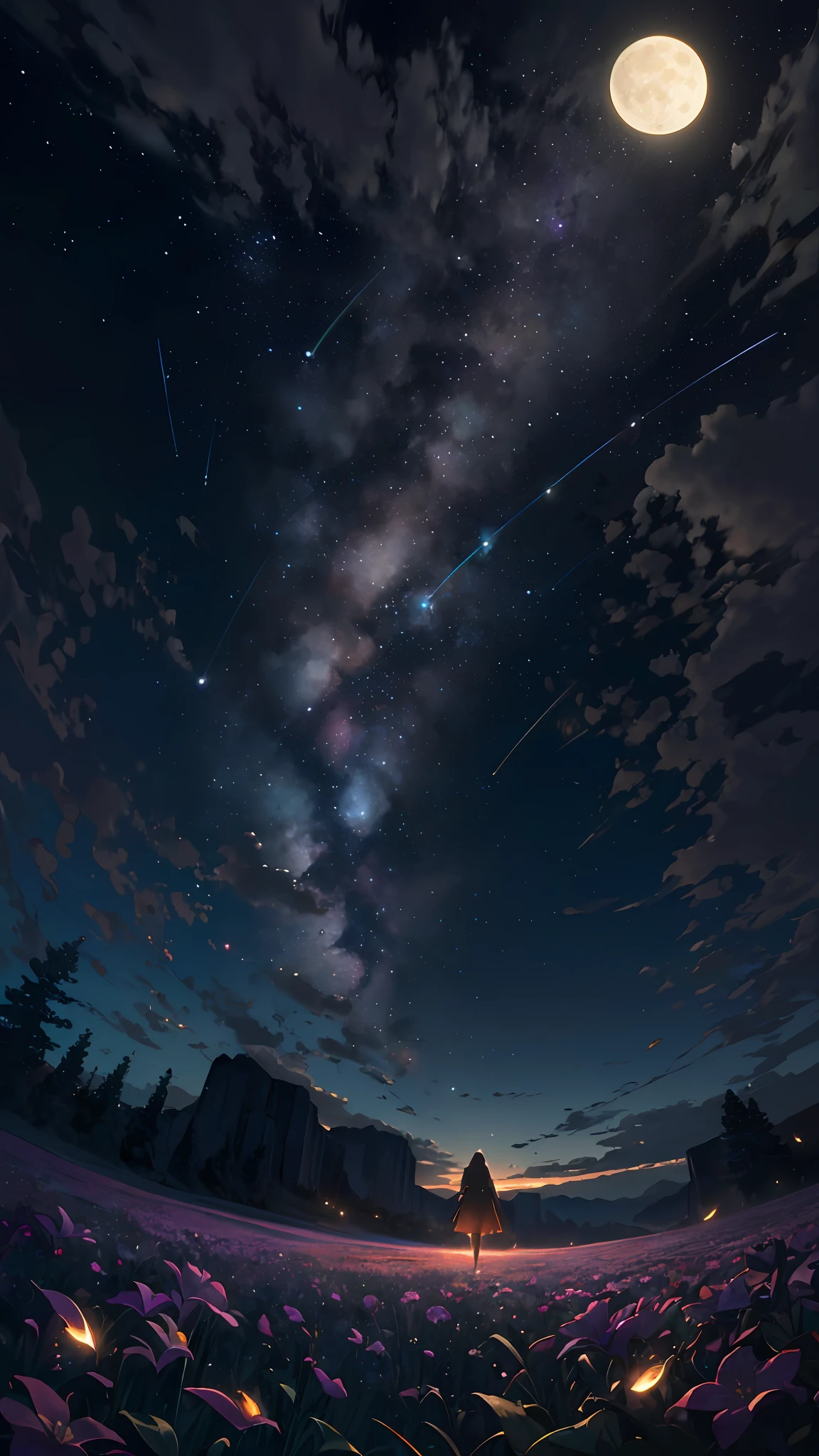 Vast landscape photo, (viewed from below, the sky is above and the open field is below), a girl standing on a flower field looking up, (full moon: 1.2), (meteor: 0.9), (nebula: 1.3), distant mountains , Trees BREAK Crafting Art, (Warm Light: 1.2), (Fireflies: 1.2), Lights, Lots of Purple and Orange, Intricate Details, Volumetric Lighting, Realism BREAK (Masterpiece: 1.2), (Best Quality), 4k, Ultra-Detailed, (Dynamic Composition: 1.4), Very Detailed, Colorful Details, (Rainbow Colors: 1.2), (Glow Lighting, Atmospheric Lighting), Dreamy, Magical, (Solo: 1.2)