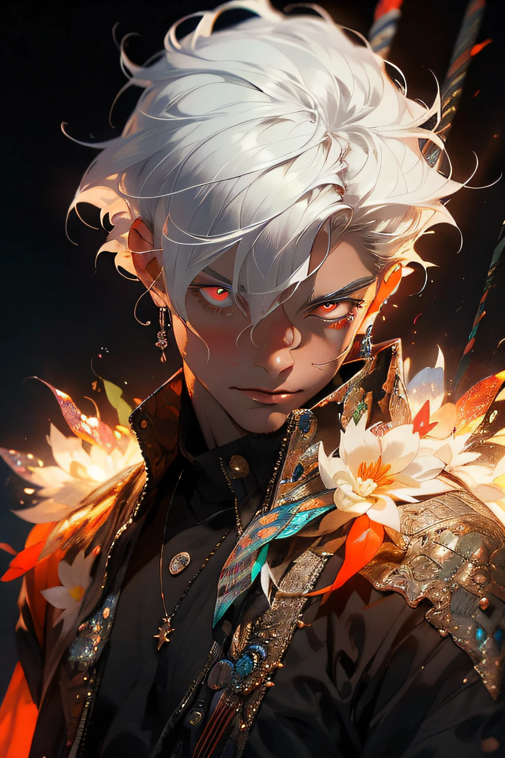 Realistic, (Masterpiece, Top Quality, Best Quality, Official Art, Beauty and Aesthetics: 1.2), Very Detailed, Fractal Art, Colorful, Most Detailed, Zentangle, (Abstract Background: 1.5) (1boy: 1.3), God, White Hair, Short Hair, (Glowing Red Eyes), Mysterious, (Magic), Ice, Handsome Man, Egyptian Style