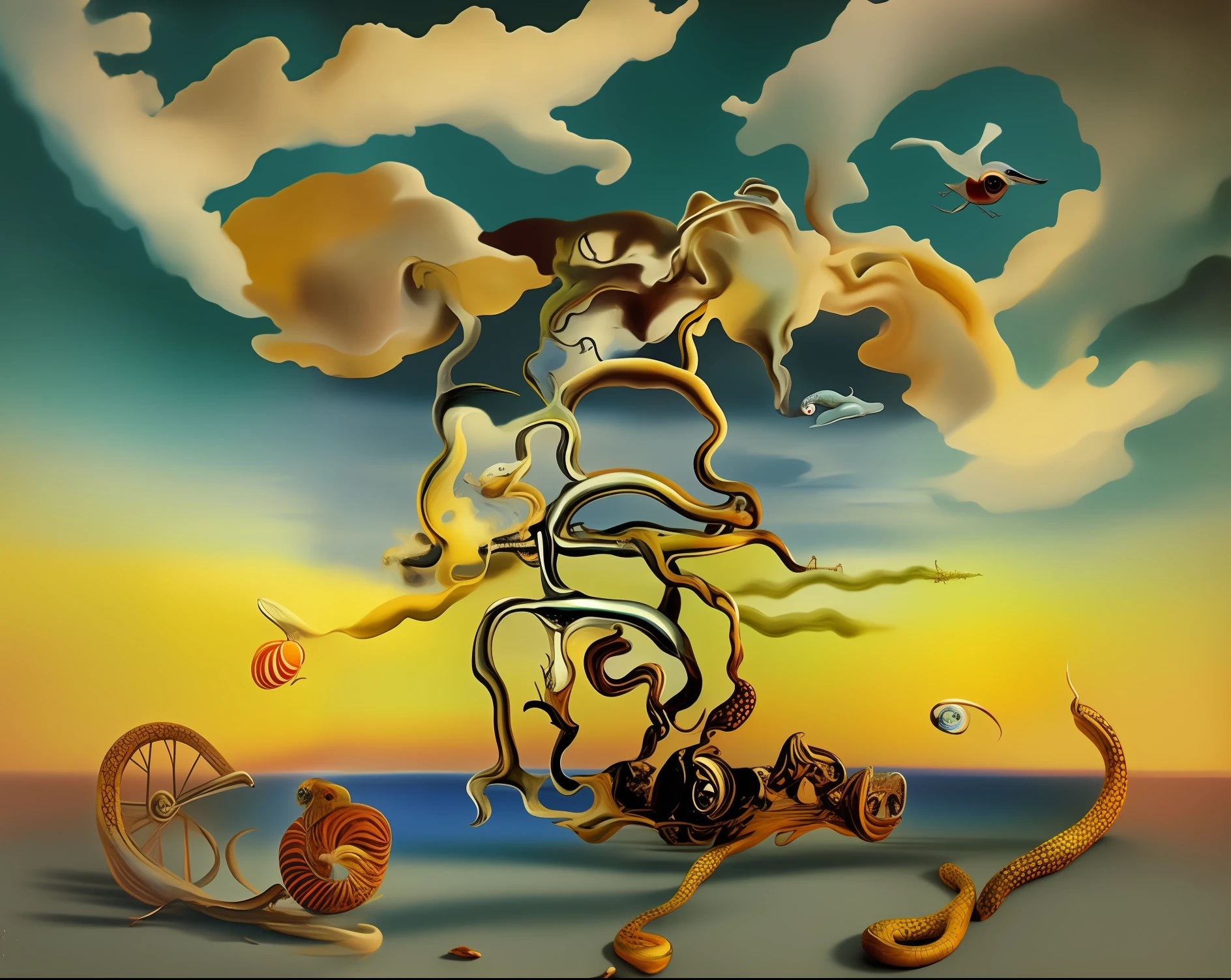 a painting of a man riding a bike with a snake on it, surrealist artwork, by Dali, surrealist art, by Salvador Dali, surrealism art, surrealist art style, style of surrealism, style of salvador dali, style of dali, masterpiece surrealism, abstract surrealism masterpiece, surrealism!, ( ( ( surrealism ) ) ), by Salvador Dalí, surrealism painting, surrealism