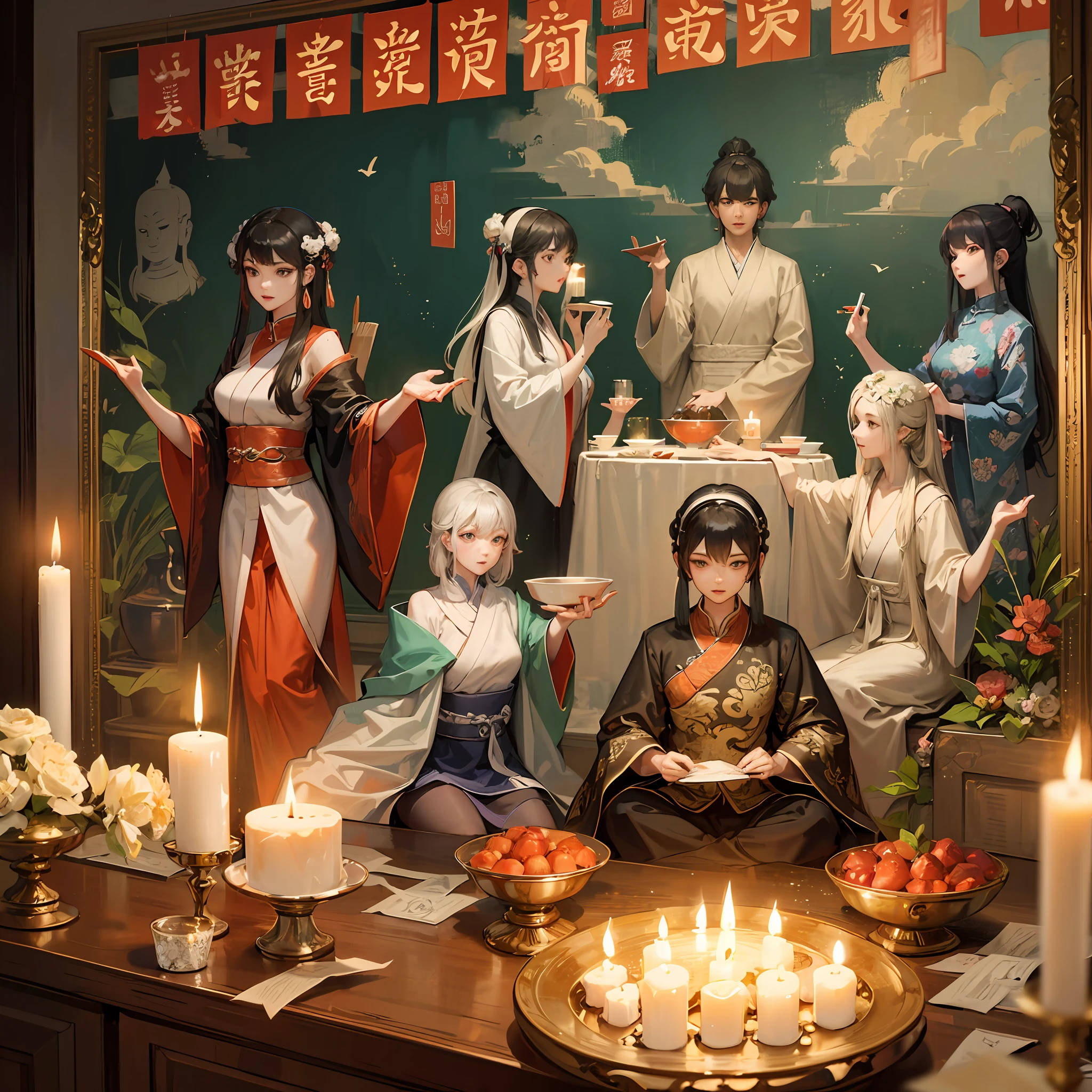Red candles, Chinese horror, paper cuts, paper money, tributes, silk, burning incense, Taoism, Buddha, Dunhuang murals
