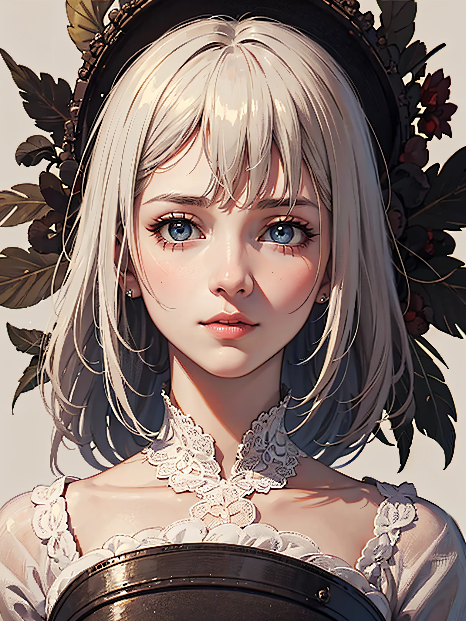 Trends on ArtStation, Trends on CGSociety, Intricate, High Detail, Sharp Focus, Dramatic, Realistic Art of Drawing by Midjourney and Greg Rutkowski, Sketch, Masterpiece, Best Quality, Very Detailed, 1girl, Half, Beautiful Meticulous Eyes, Cute Anime Face, Bust, Beautiful Meticulous Face, White Hair, (Botanical Illustration: 1.5), White Dress