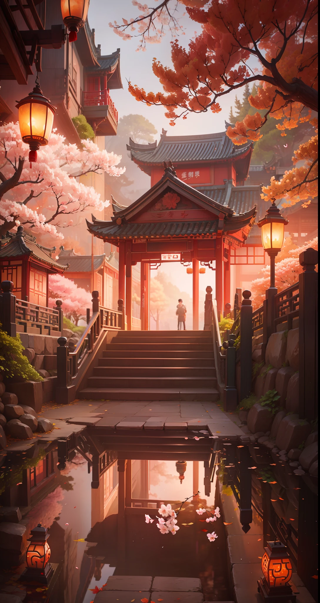 Look directly, Chinese style pavilion, stone path, Chinese style railing, maple leaves, lanterns, cherry blossoms, falling cherry blossoms