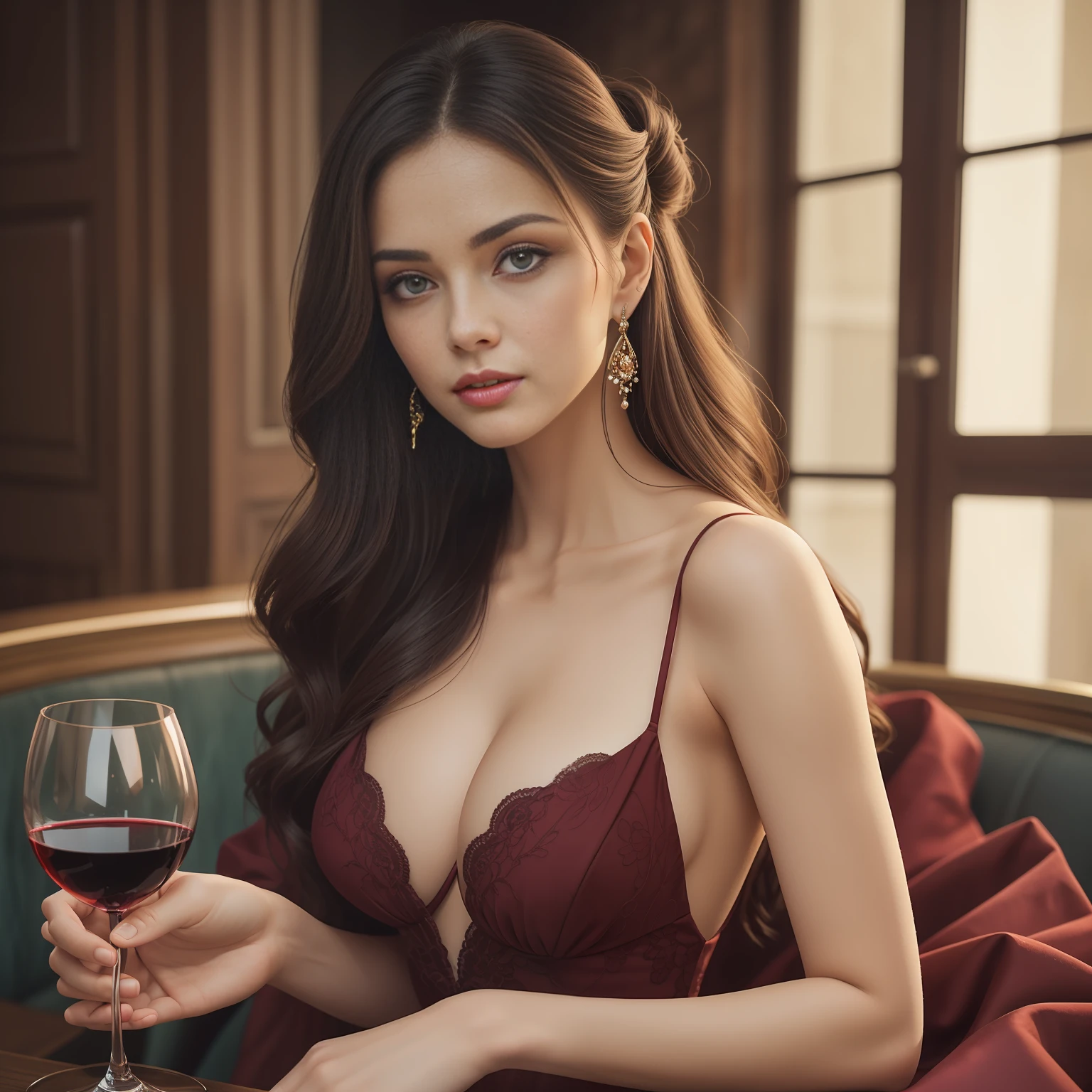 A elegance and grace Woman Holding Glass of Wine, a slender and graceful figure, Her hair could be styled in a classic updo, a deep and soulful gaze eyes, a flowing gown in rich, deep colors like burgundy or crimson, reminiscent of the hues of red wine, Her overall presence would exude refinement and poise, capturing the essence of the wine-drinking experience, Beautiful Woman Extremely Beautiful woman, Medium Breast nikon d850 film stock photograph 4 kodak portra 400 camera f1.6 lens rich colors hyper realistic lifelike texture dramatic lighting unreal engine trending on artstation cinestill 800,8k,cinematic,cinematic shot, Medium shot