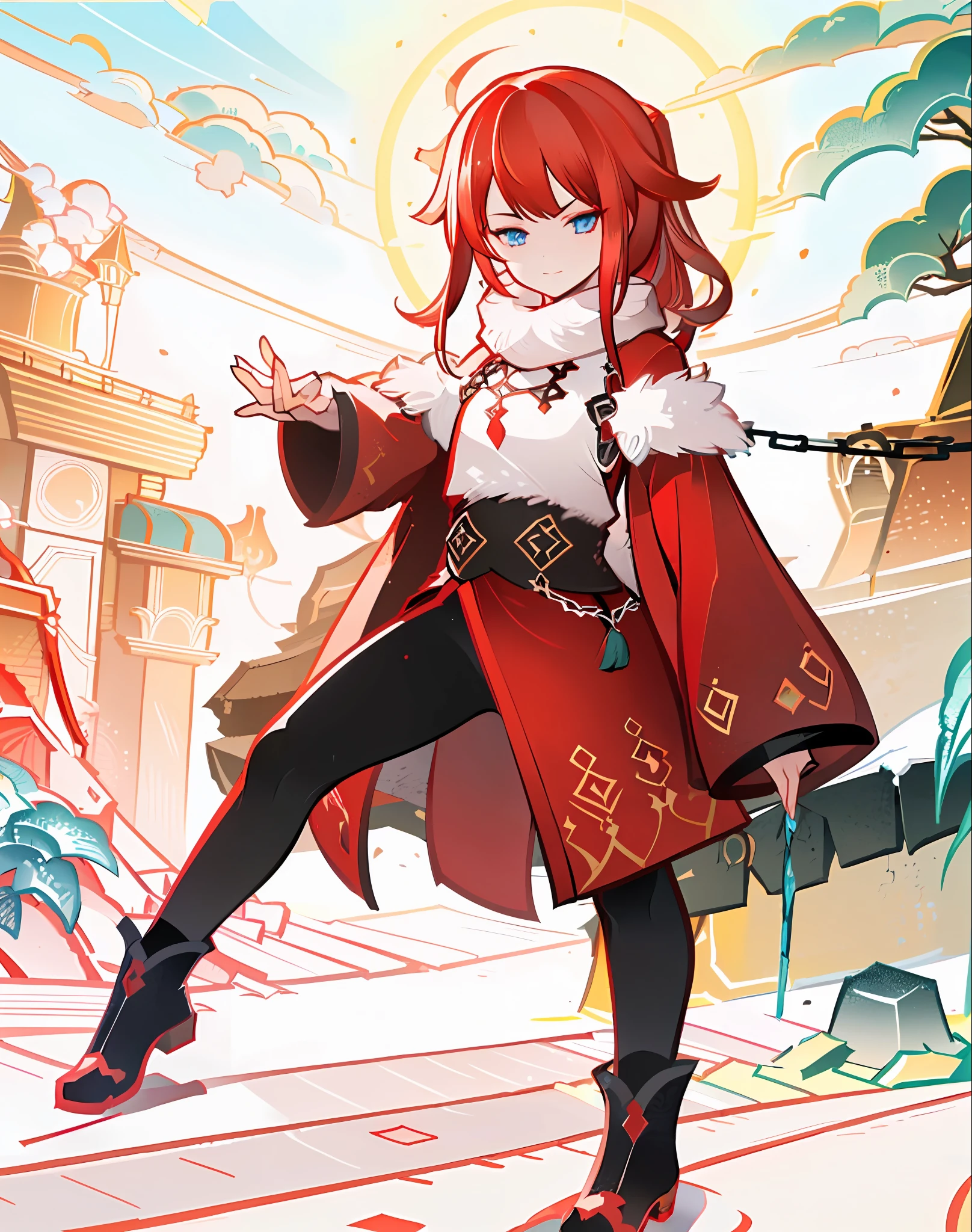 ((((Red hair))), ((stands)), ((evil smile)), ((dynamic pose)), ((magician)), (evil), ((chains)), ((fur skirt)), ((White shirt)), ((black vest)), ((full-length)), ((1 girl)), ((thick latex leggings)), ((not sexualized)), masterpiece, best quality, ((genshin impact style)), ((girl)), (long red hair), (((shaved temples)), ((cold red shade of hair)), (fur on clothes)), ((latex)), ((dark clothes)), ((red in clothes)), ((roses)), ((pyro of god's eyes)), (fatui)), ((catalist)), ((girl) ((blue cold eyes)), (hairstyle ponytail), ((dynamics)), ((fiery skull on the background)), ((black in clothes)), ((boots)), ((heel)), (small breasts), ((closed clothes)), ((, ((black in clothes)), ((boots)), ((heel)), (small breasts), ((closed clothes)), ((Slingshot)), (one person in the background), (art), ((red lighting)), ((winter Russia in the background))