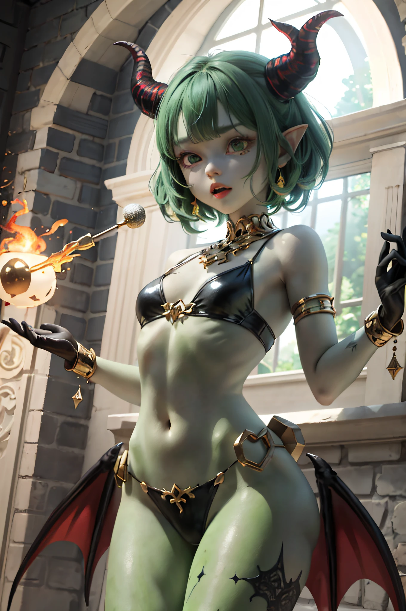 (masterpiece: 1.2, best quality), (1girl (****)), huge breasts, (Dynamic posture), (bright skin, dark green skin), demon girl, green skin, thin and lacy gloves, ( small demonic horns:1.1), (heaven), bangs, (jewelry, golden ornament:1.15 ), large pelvis,