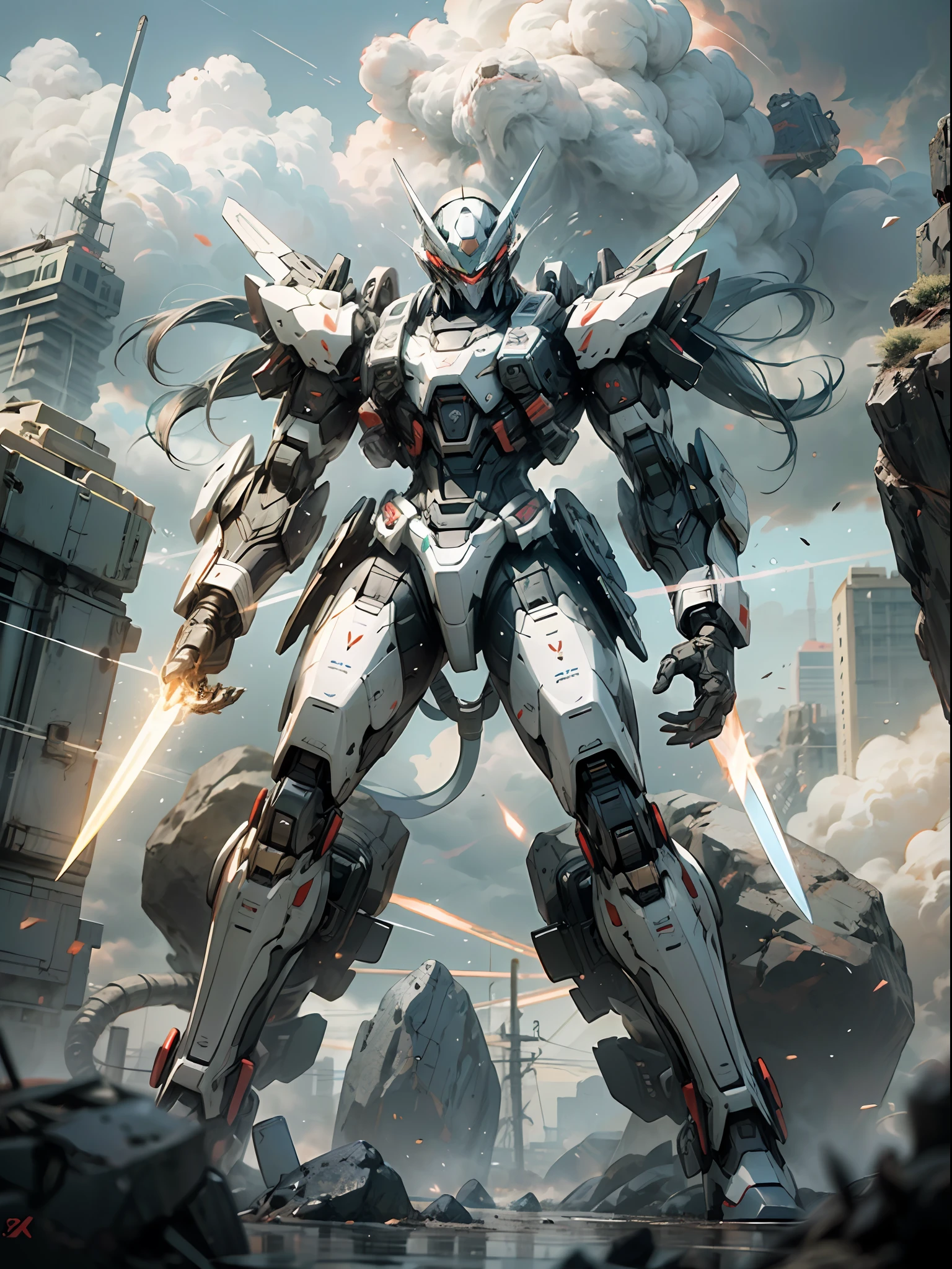 ((Best Quality)), ((Masterpiece)), (Very detailed: 1.3), 8K, cool painting, full of sci-fi, black assassin with two knives, Behind stands a huge black mech, streamlined black armor, black all over, complex weapons and equipment, Gundam humanoid mech, anime mecha aesthetics, perfect body proportions, heads-up view, standing posture, military giant mecha, missiles, rocks, futuristic technology, realism, dark clouds in the sky, dark war background, ray tracing, Light Particles, NVIDIA Trtx, Super Resolution, Unreal 5, Subsurface Scattering, Specular and Albedo Maps, Rule of Thirds, Large Aperture, Battle Stance, 8K Raw Data, High Efficiency Subpixels, Subpixel Convolution, Light Particle, Light Scattering, Tyndall Effect, Ray Tracing.