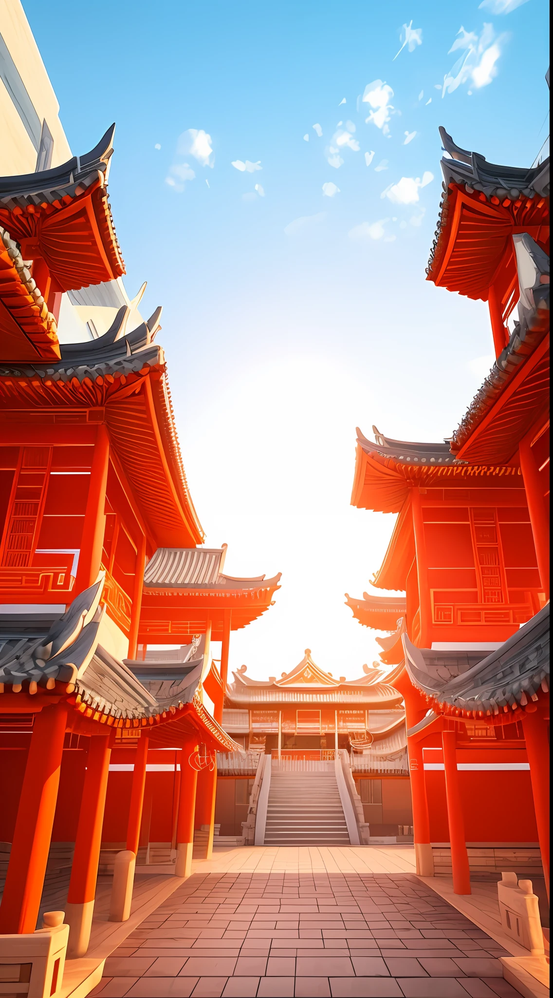 there is a picture of a very large building with a lot of stairs, beautiful render of tang dynasty, background depicting a temple, zen temple background, temple background, dreamy chinese town, ancient chinese architecture, chinese palace, chinese architecture, chinese temple, stuning fantasy 3 d render, depicted as a 3 d render, cyberpunk chinese ancient castle