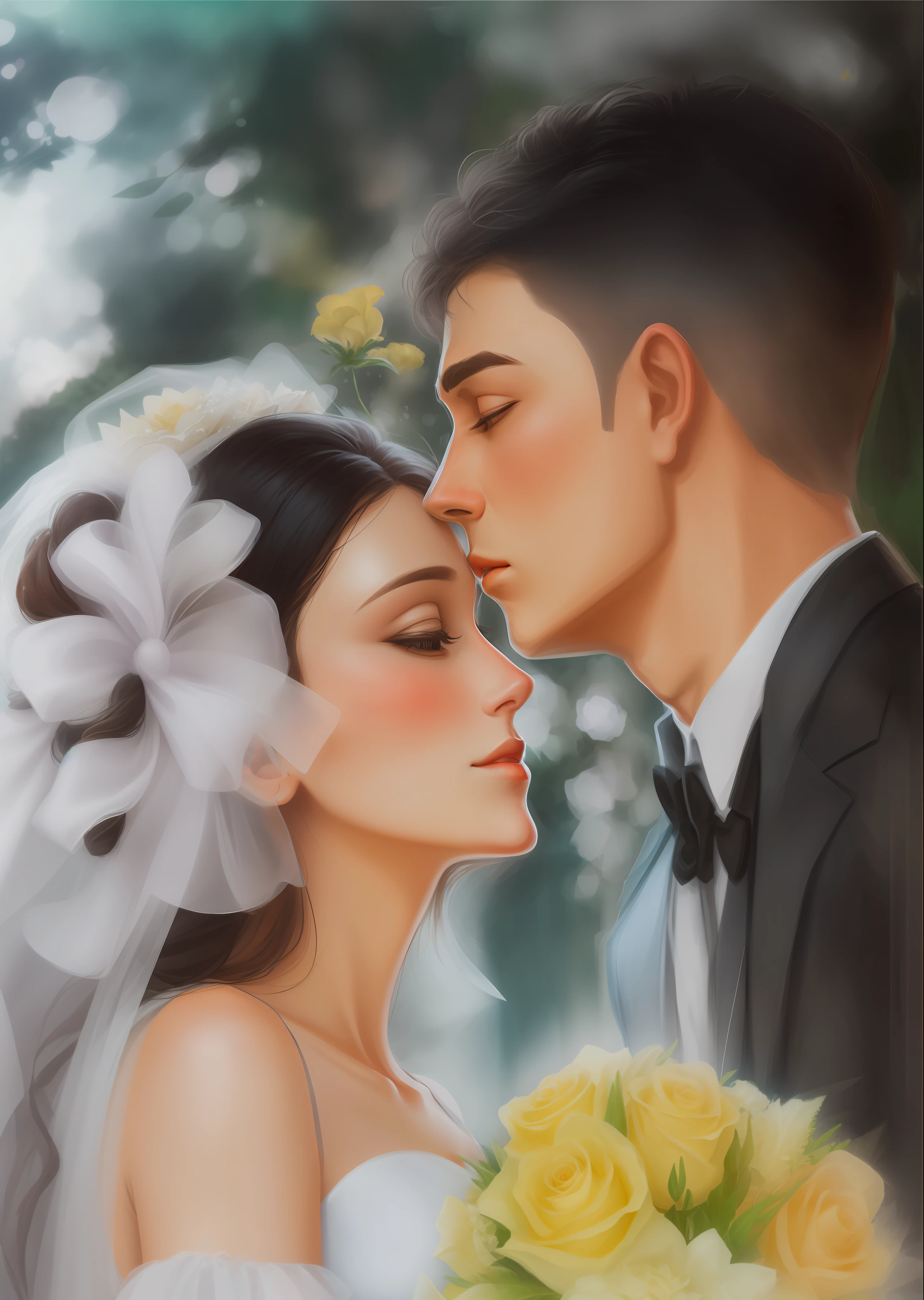 Beautiful couples, wearing wedding dress, married, a girl holding a yellow flower, close her eye, a man kiss her forehead, digital painting, stable diffusion art,4k.