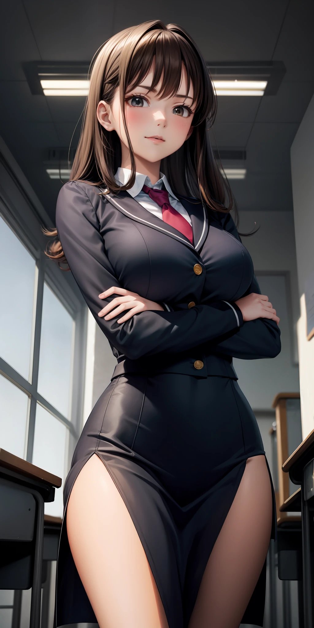 Anime, cute woman, tall, large chested, arms crossed over chest, 20 years of age, school uniform, brown hair, shot taken from below, in a classroom, sexual expression, tight clothing
