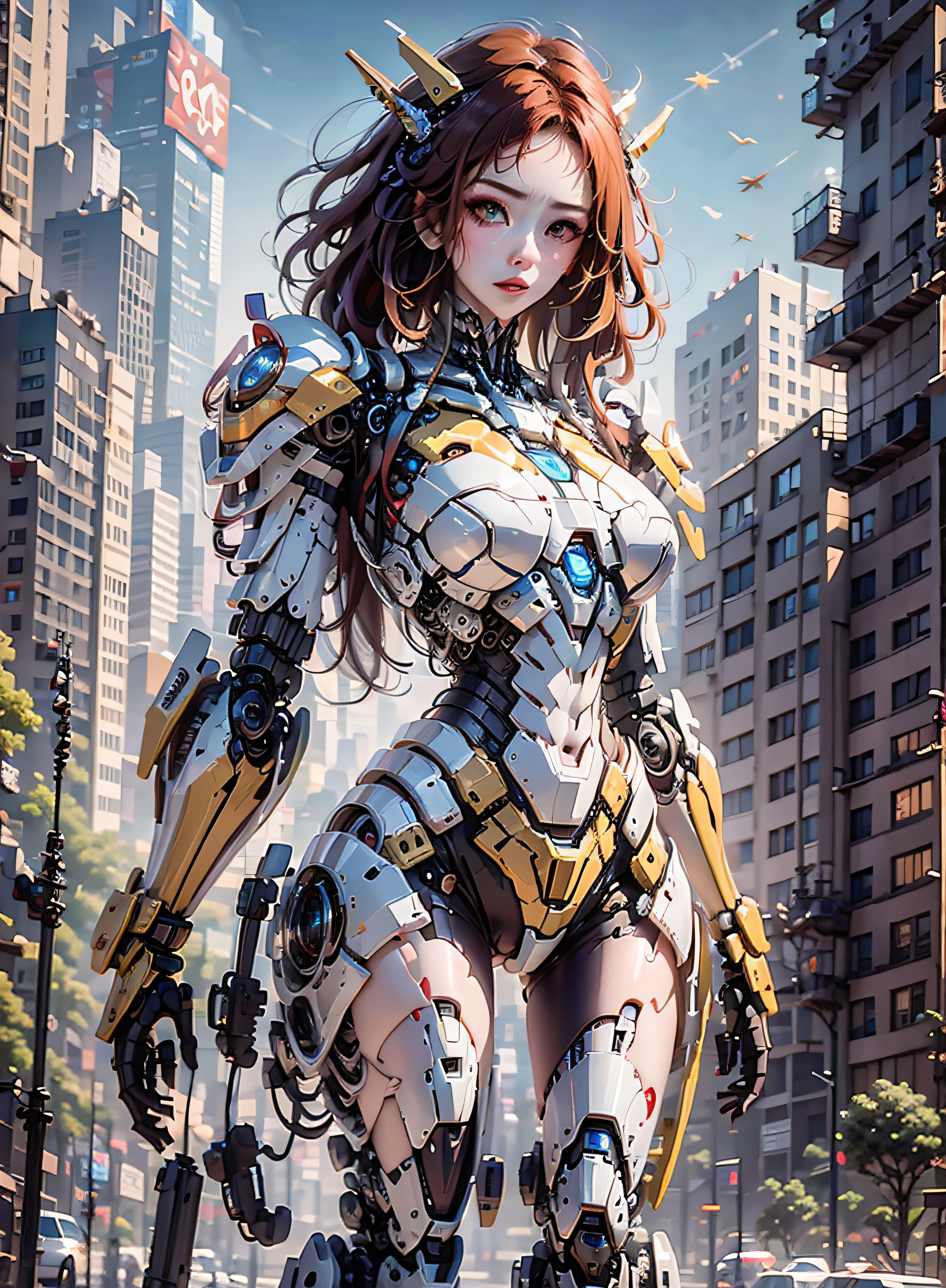 RAW, masterpiece, ultra thin photo, best quality, ultra high resolution, photorealistic 8K, sunlight, full body portrait, incredibly beautiful, dynamic poses, sexy, delicate face, vibrant eyes, (red hair), she is using a futuristic Iron Man engine, red and yellow gold color scheme, highly detailed robot factory background, detailed face, detailed and complex busy background,  messy, gorgeous, milky white, highly detailed skin, realistic skin details, visible pores, sharp focus, volumetric mist, 8k uhd, dslr camera, high quality, film grain, fair skin, photorealism, lomography, expanding metropolis in futuristic dystopia, view from below, translucent, cables connected to robots,