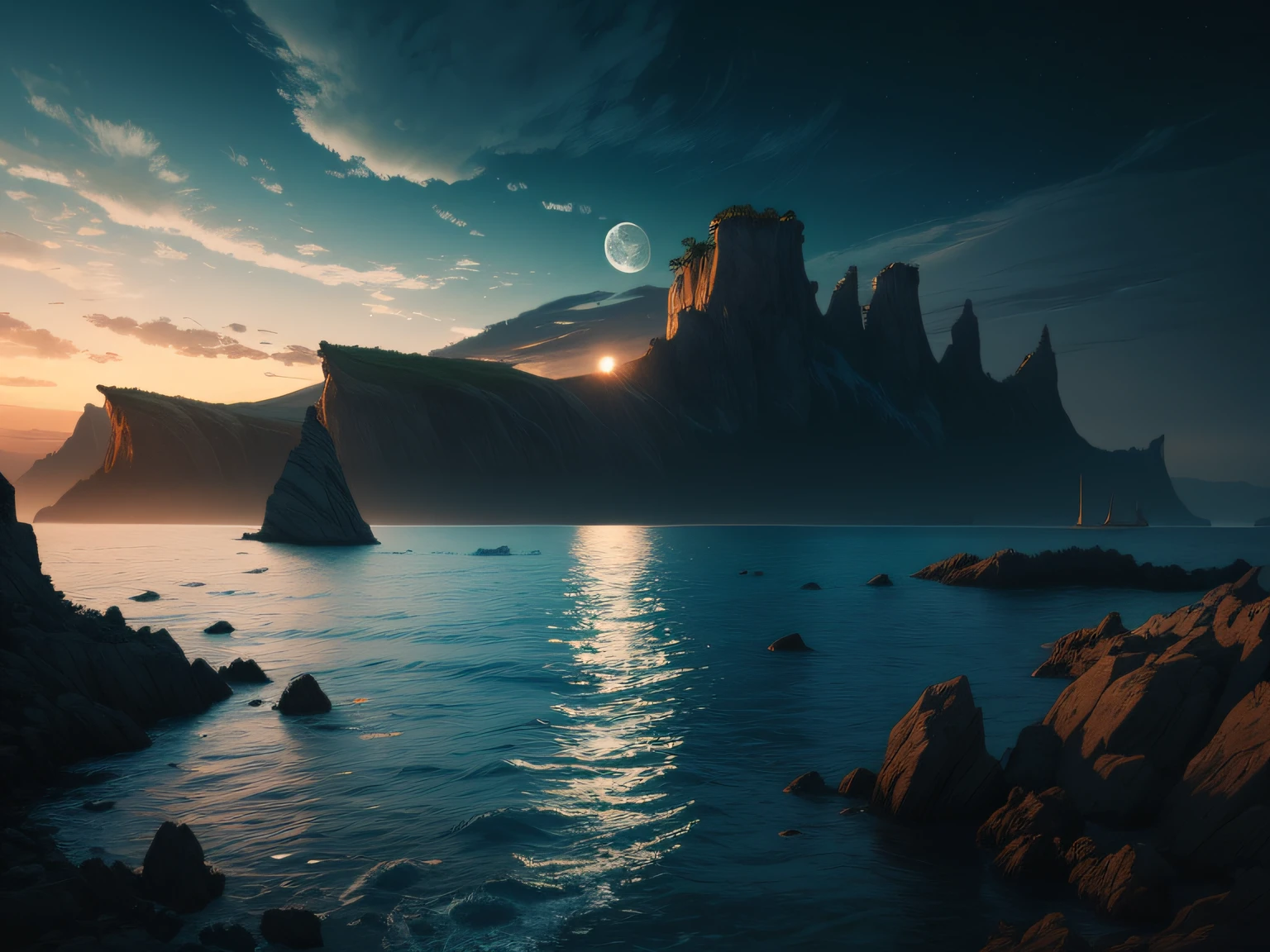 colorized seascape by moon night, in the style of graphic novel inspired illustrations, intricate landscapes