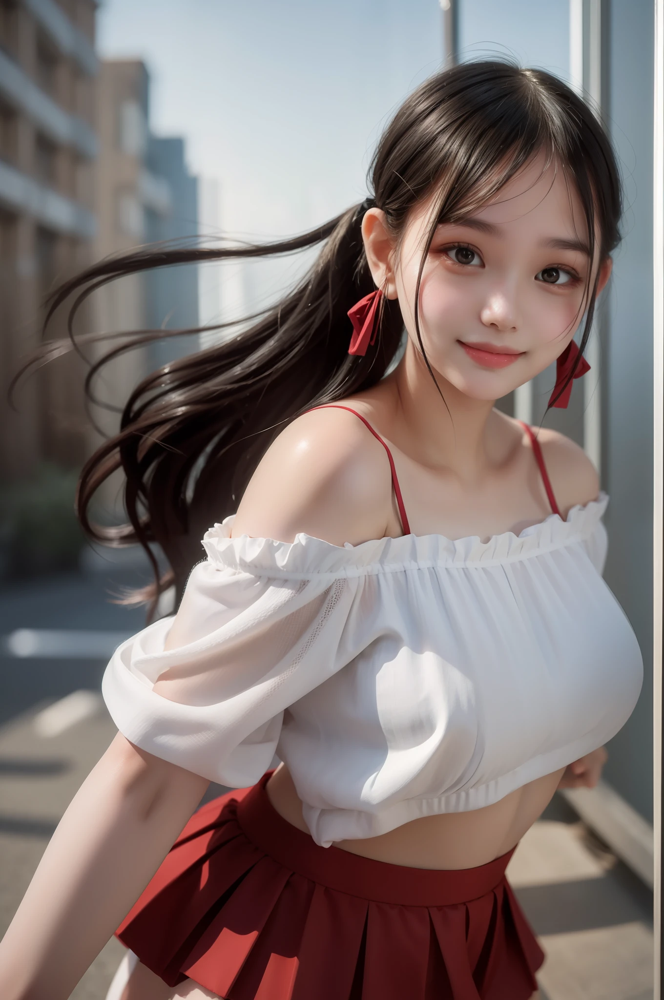 Top quality, masterpiece, cinematic lighting, girl, smile, black hair, black eyes, white off-shoulder, red mini skirt
