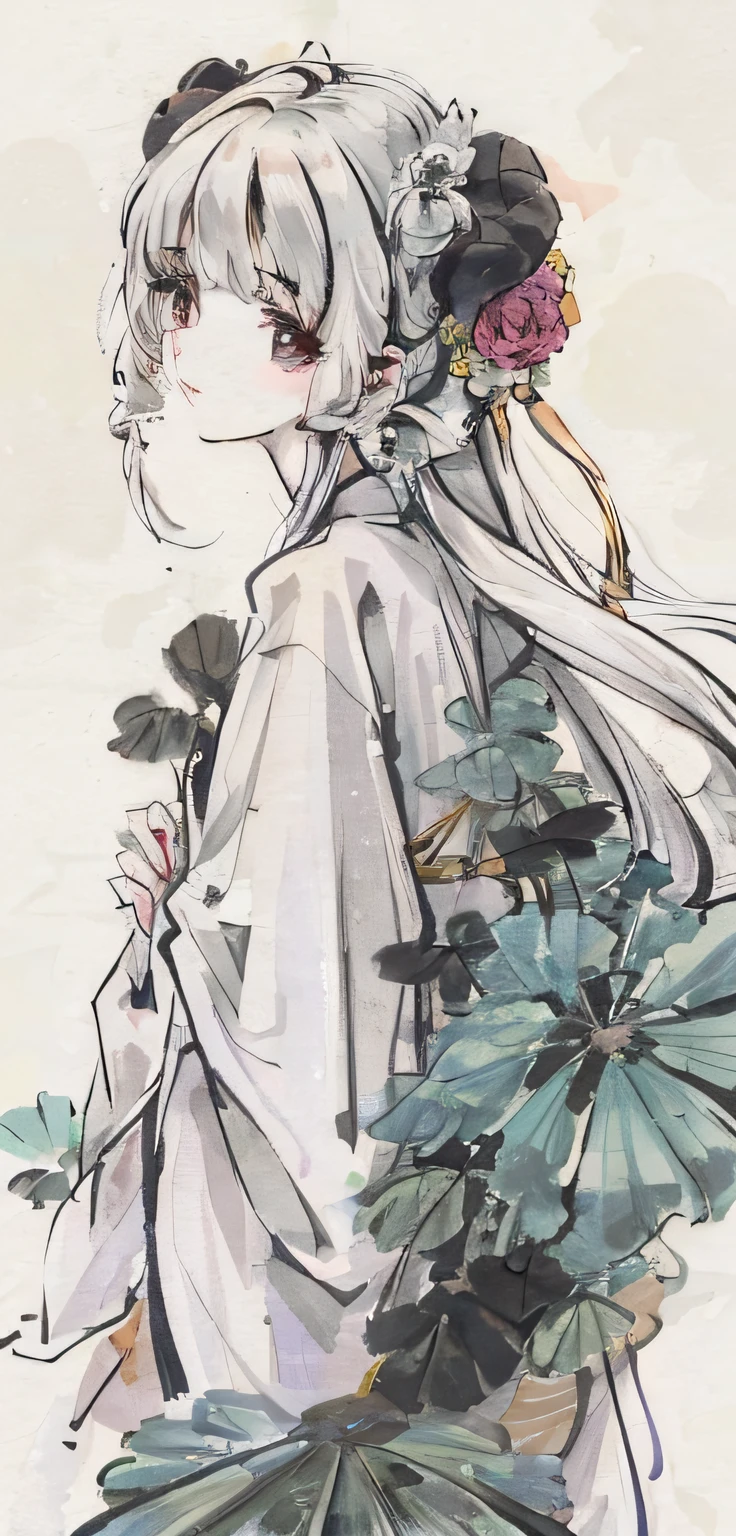 ((4K, masterpiece, best quality)), shuimobysim, Chinese painting, lotus flowers around: 1.5, hanfu, maxiskit, dressed conservative 1 girl, holding lotus in hand, solo, white hair, long hair, with obvious horns on the head, white, , looking at the audience, provocative