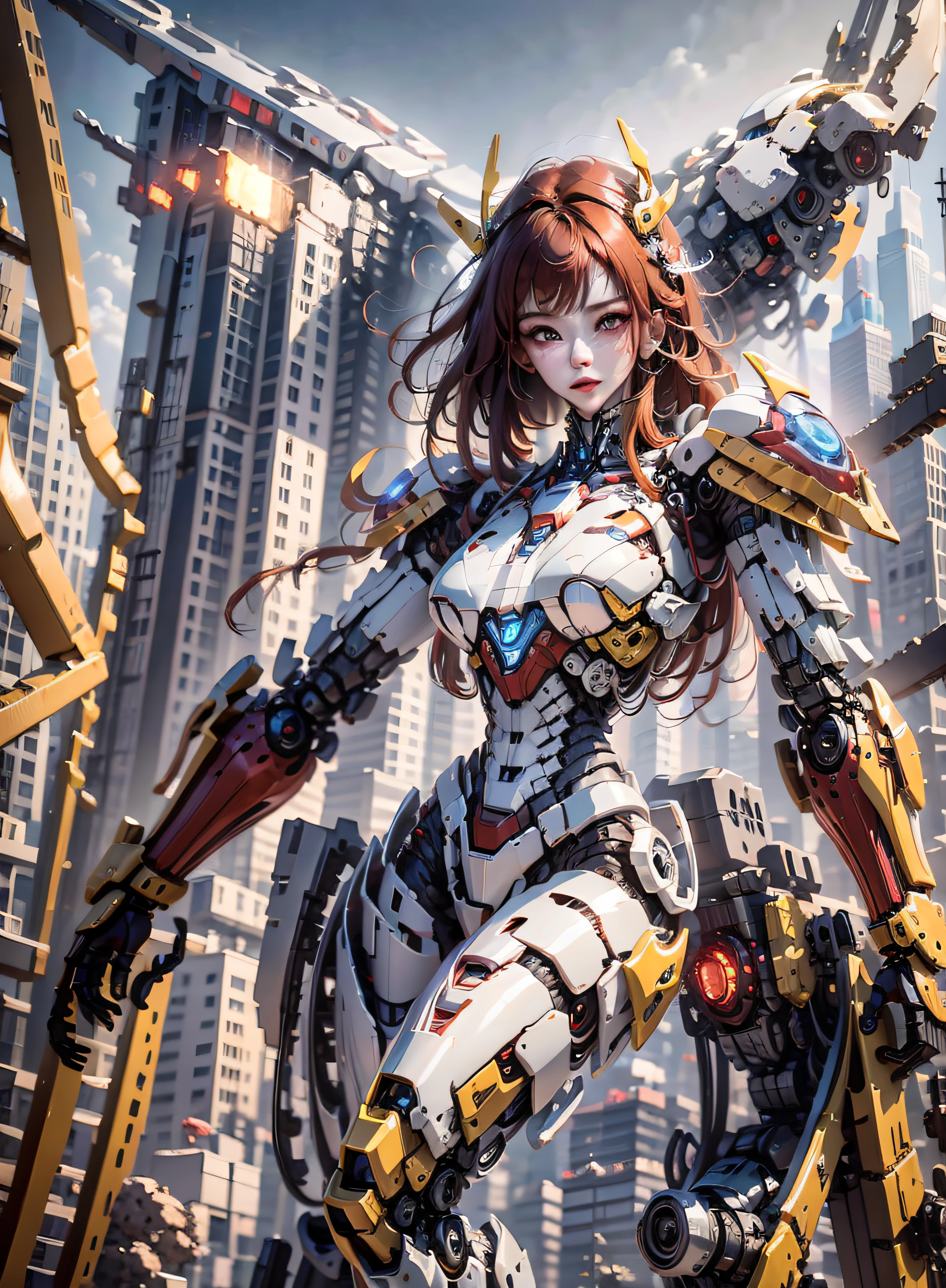 RAW, masterpiece, ultra thin photo, best quality, ultra high resolution, photorealistic 8K, sunlight, full body portrait, incredibly beautiful, dynamic poses, sexy, delicate face, vibrant eyes, (red hair), she is using a futuristic Iron Man engine, red and yellow gold color scheme, highly detailed robot factory background, detailed face, detailed and complex busy background,  messy, gorgeous, milky white, highly detailed skin, realistic skin details, visible pores, sharp focus, volumetric mist, 8k uhd, dslr camera, high quality, film grain, fair skin, photorealism, lomography, expanding metropolis in futuristic dystopia, view from below, translucent, cables connected to robots,