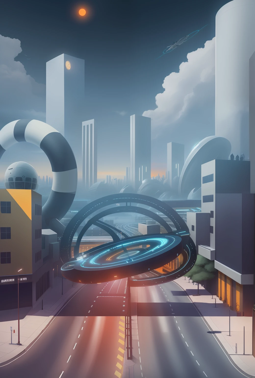 Lively atmosphere, futuristic city background with activity streamers on it, a road, a floating hollow circle in the middle with floating airships, an orange-yellow sky in the sky, and a few clouds, --auto