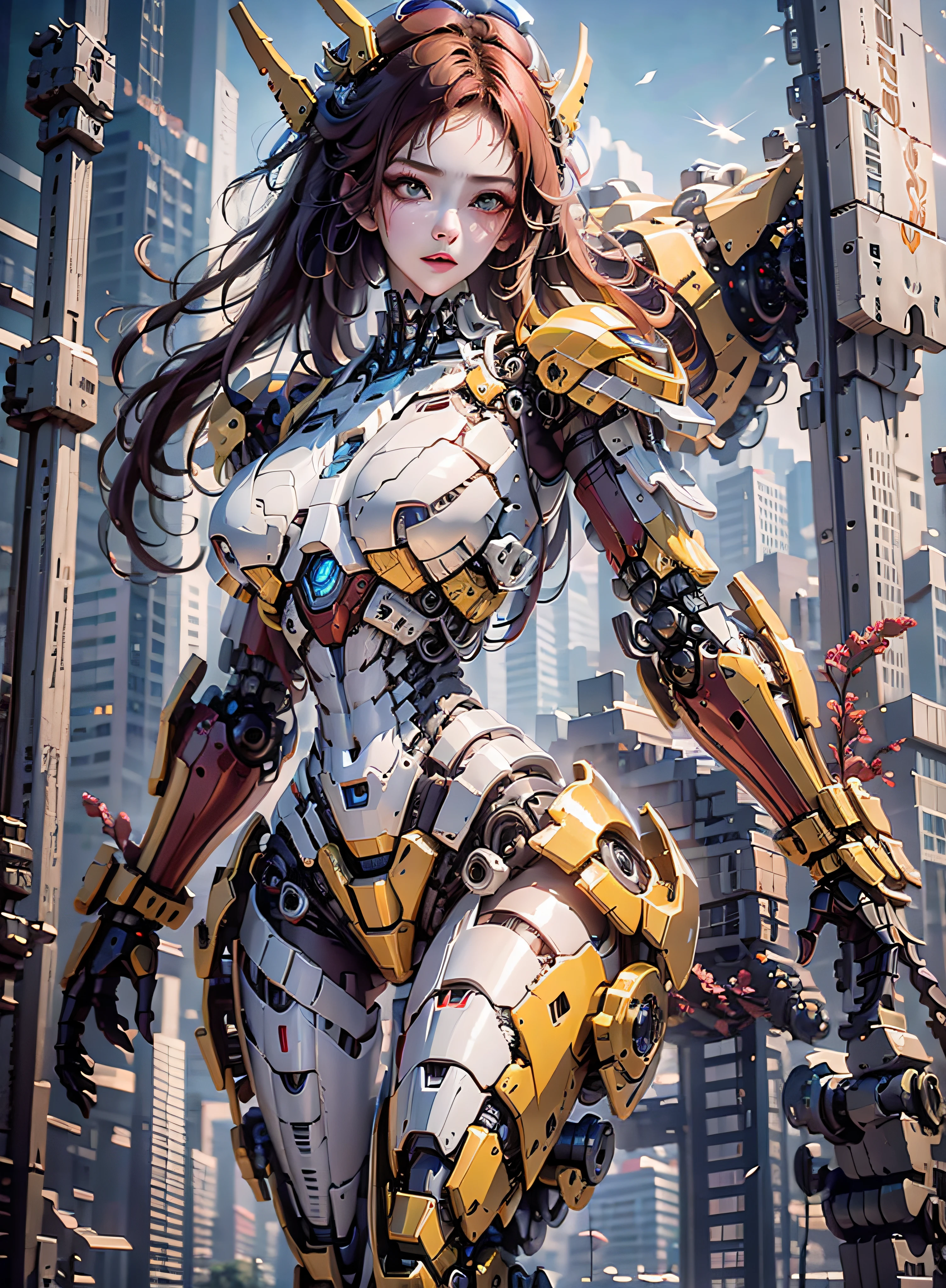 RAW, masterpiece, ultra thin photo, best quality, ultra high resolution, photorealistic 8K, sunlight, full body portrait, incredibly beautiful, dynamic poses, sexy, delicate face, vibrant eyes, (red hair), she is using a futuristic Iron Man engine, red and yellow gold color scheme, highly detailed robot factory background, detailed face, detailed and complex busy background,  messy, gorgeous, milky white, highly detailed skin, realistic skin details, visible pores, sharp focus, volumetric mist, 8k uhd, dslr camera, high quality, film grain, fair skin, photorealism, lomography, expanding metropolis in futuristic dystopia, view from below, translucent, cables connected to robots,