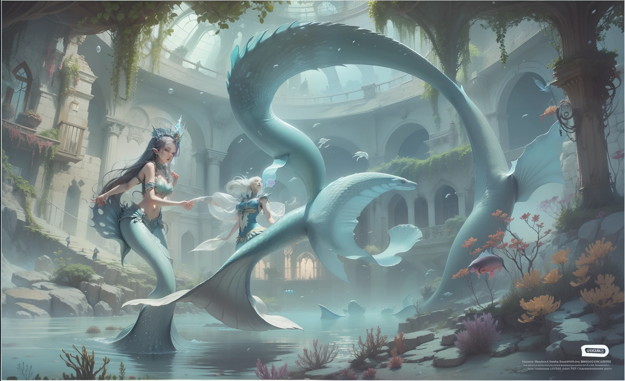 Several mermaids surround an underwater palace.