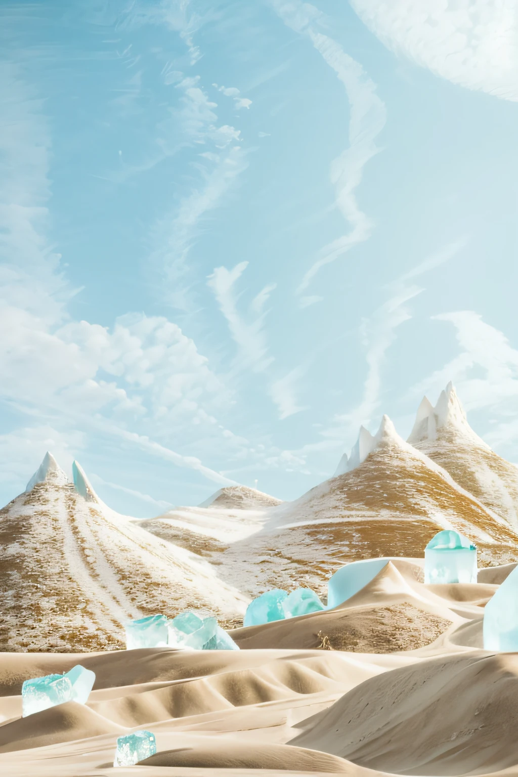 there is a large group of icebergs in the desert, ice mountains in the background, ice mountains afar, icy mountains, surreal frozen landscape, icy mountains in the background, mountains made out of icebergs, pillars of ice background, mountains of ice cream, fantasy desert crystal island, white desert background, alien mountains, beautiful render of a landscape, icey tundra background