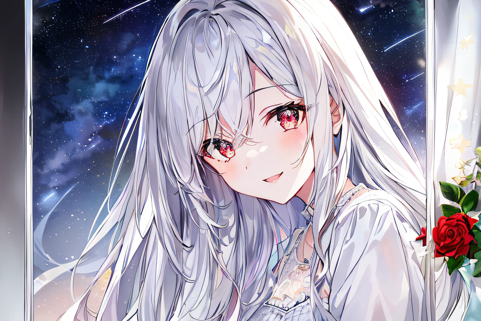 1girl, full body, denim photo, (Rembrandt), illustration, (masterpiece), (best quality), (ultra_detailed), finely detail, (Depth of field), , glove, long hair, star\ (symbol\), looking at viewer, (silver hair:1.2), red eyes, upper body, hair ornament, :p, frills, pink shirt, smile, sleeveless, shirt, idol, symbol-shaped pupils, hands up, sleeveless, shirt, idol, symbol-shaped pupil, bangs, side up, star-shaped pupil, arms up, skirt pulling, roaring twenties, isometric, seen from above, sky, flowerscliff