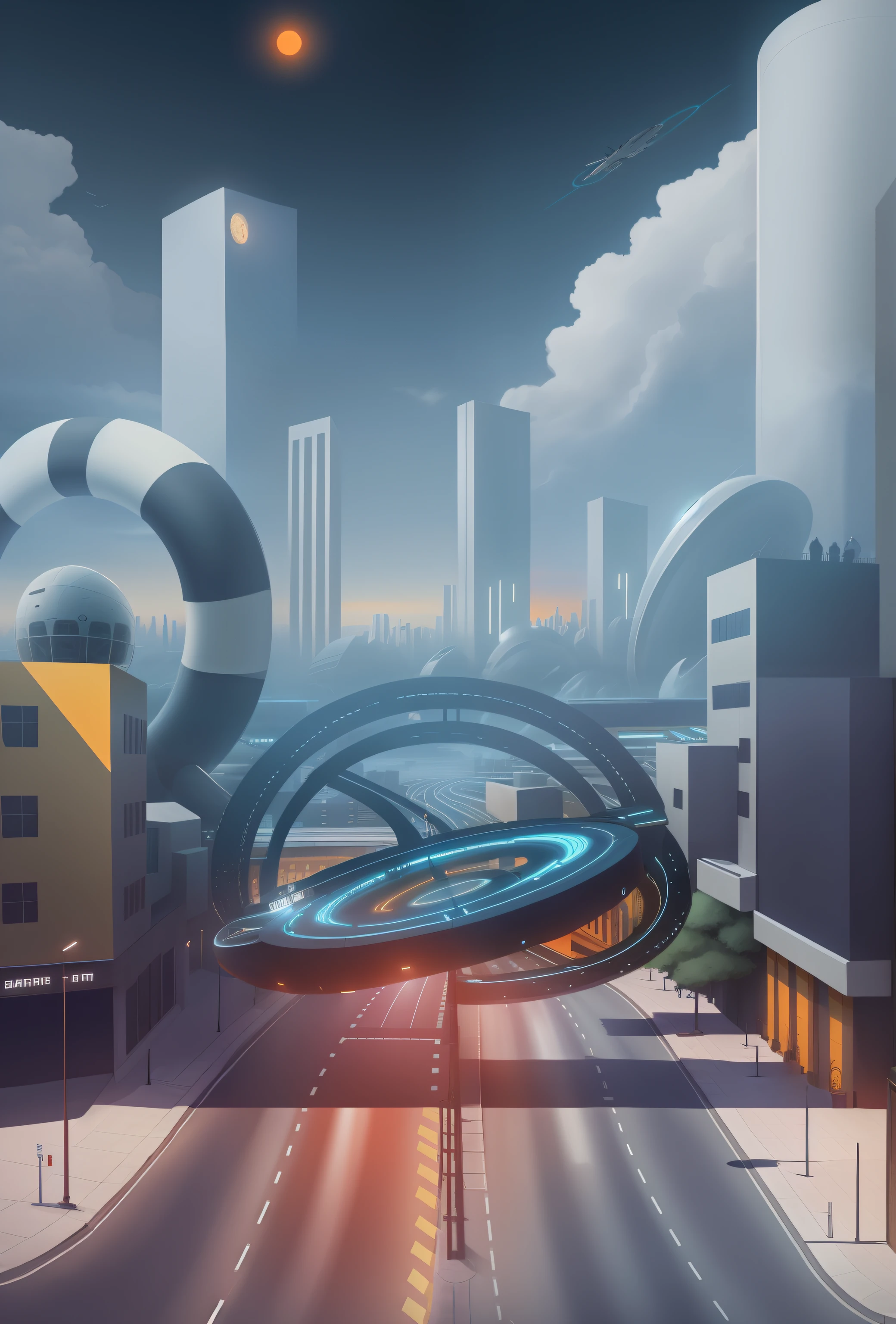 Lively atmosphere, futuristic city background with activity streamers on it, a road, a floating hollow circle in the middle with floating airships, an orange-yellow sky in the sky, and a few clouds, --auto