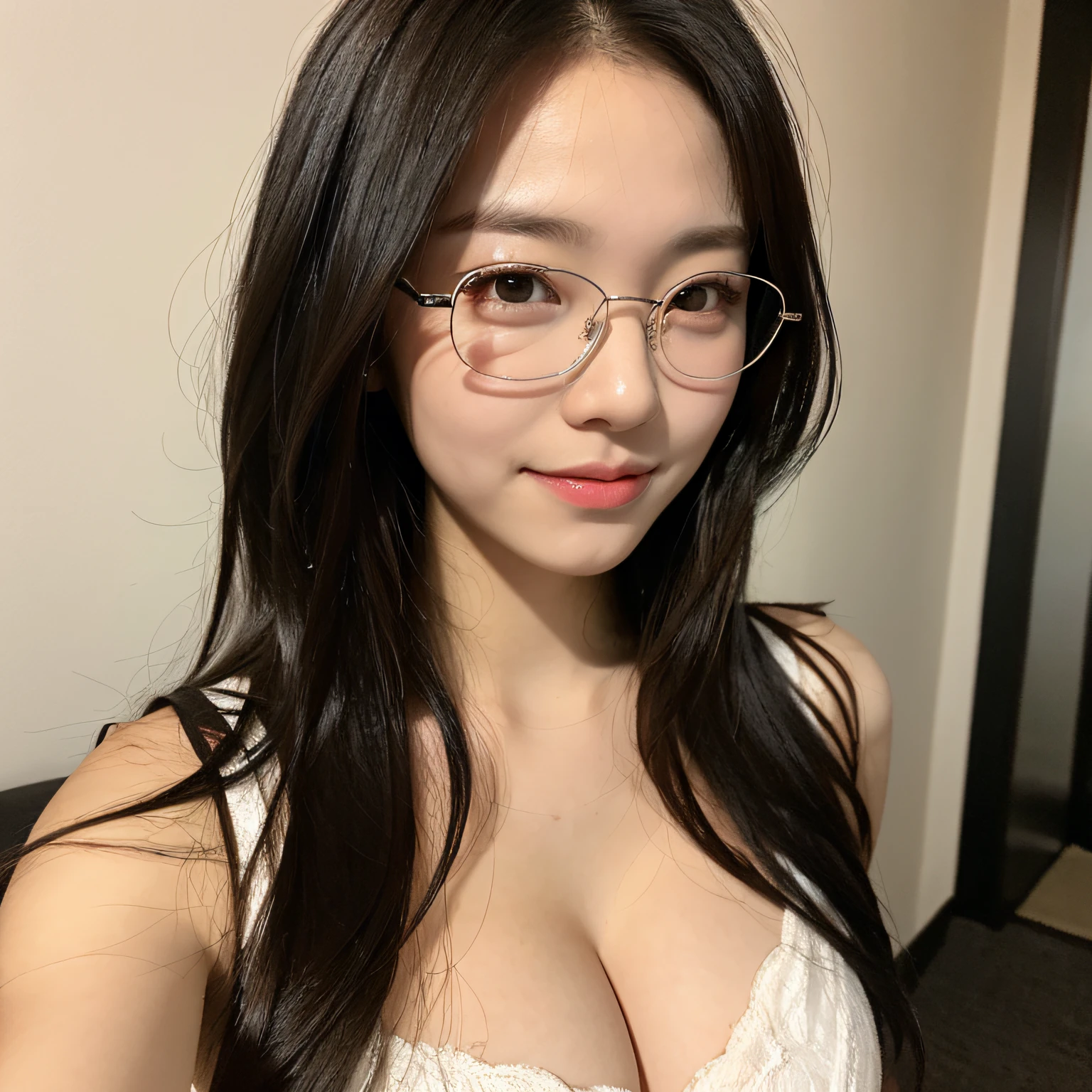 1girl, cute, 20 years old, look at the viewer, photo, realistic, hire, detailed face, detailed background, diffuse lighting, shy pleading eyes,dark hair, short hair, light smile, depth of field, best quality, high resolution, uhd,cleavage,glasses, bedroom, bed