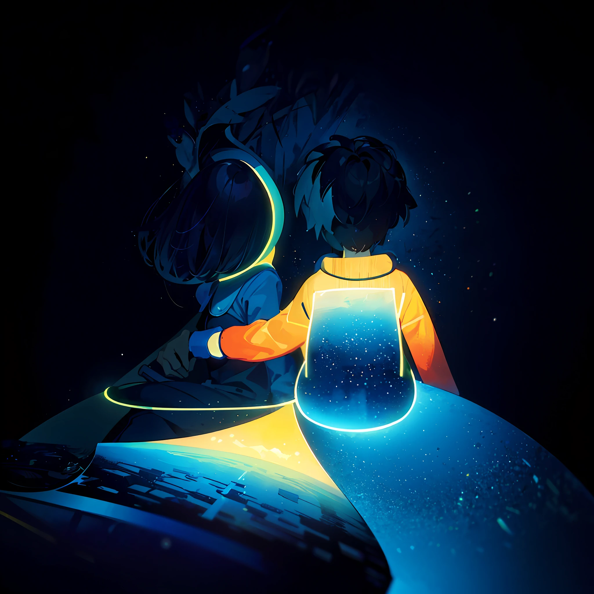 there is a man and a woman sitting on a globe, john egbert, 2 d render, blurry and dreamy illustration, 2d illustration, 2 d illustration, it is glowing, omori, procreate illustration, blurred and dreamy illustration, illustration!, no gradients, inspired by Goro Fujita, calm night. digital illustration