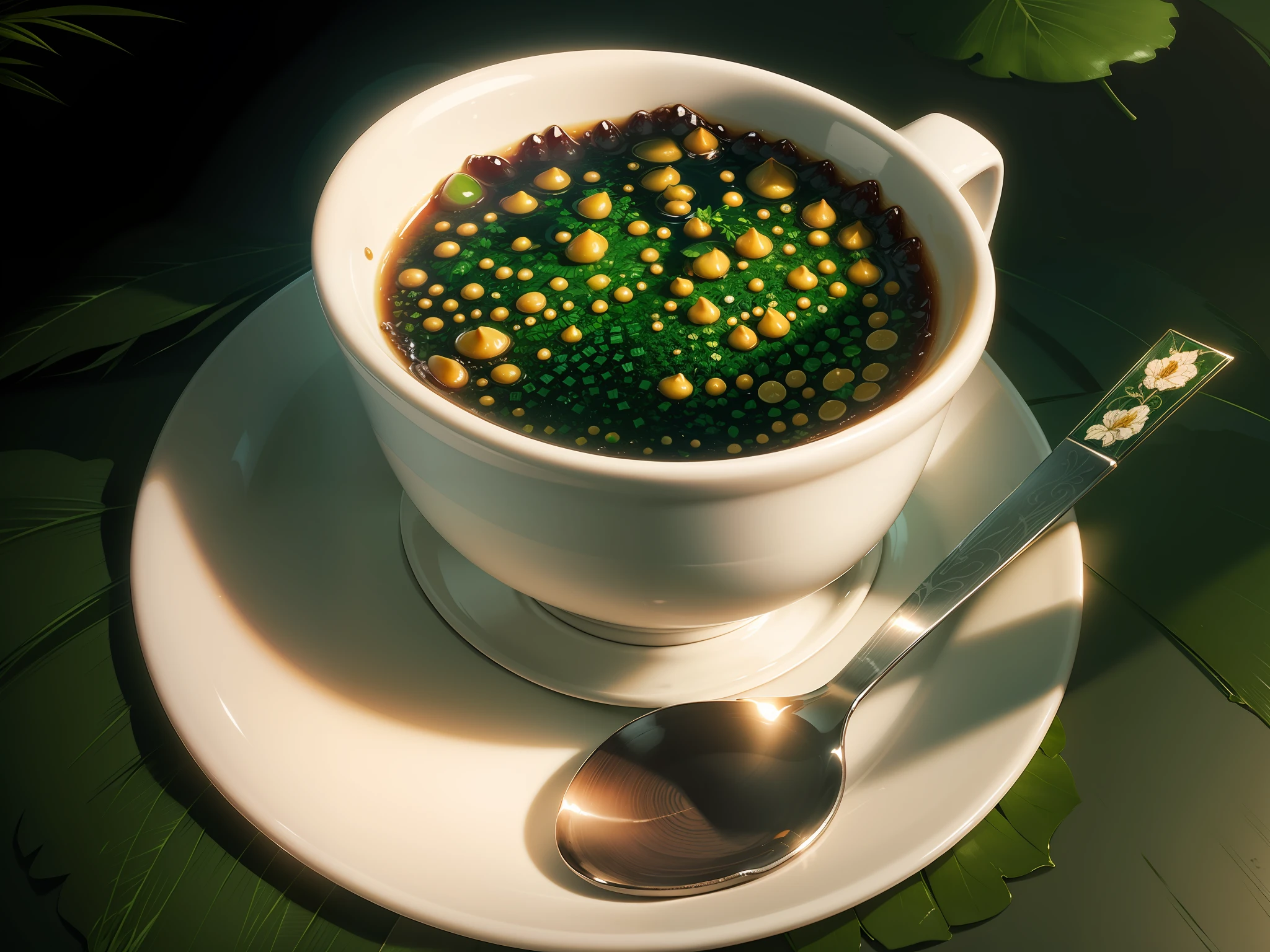 A cup of tea among lots of tea leaf, green theme