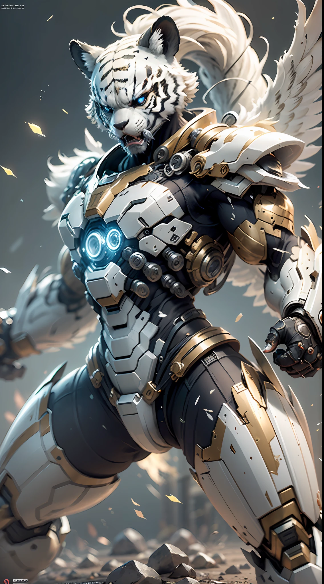 Cinematic effect, white tiger mecha, realistic white tiger head, slightly open mouth, mighty and domineering, white-gold mecha metal luster is strong, there are metallic wings on the back, the wings are feathery and layered, holding Fang Tianji, Fang Tianji particle light, Fang Tianji particle special effects, aesthetic, scattered, battle posture, combat posture display, super details, perfect details, 8K, top painting, feature article, studio environment, concept art, epic composition, with HD details, metallic texture and tension composition, hyper-realistic, ultra-realistic, Rich in detail, 3D. C4D, macro lens,