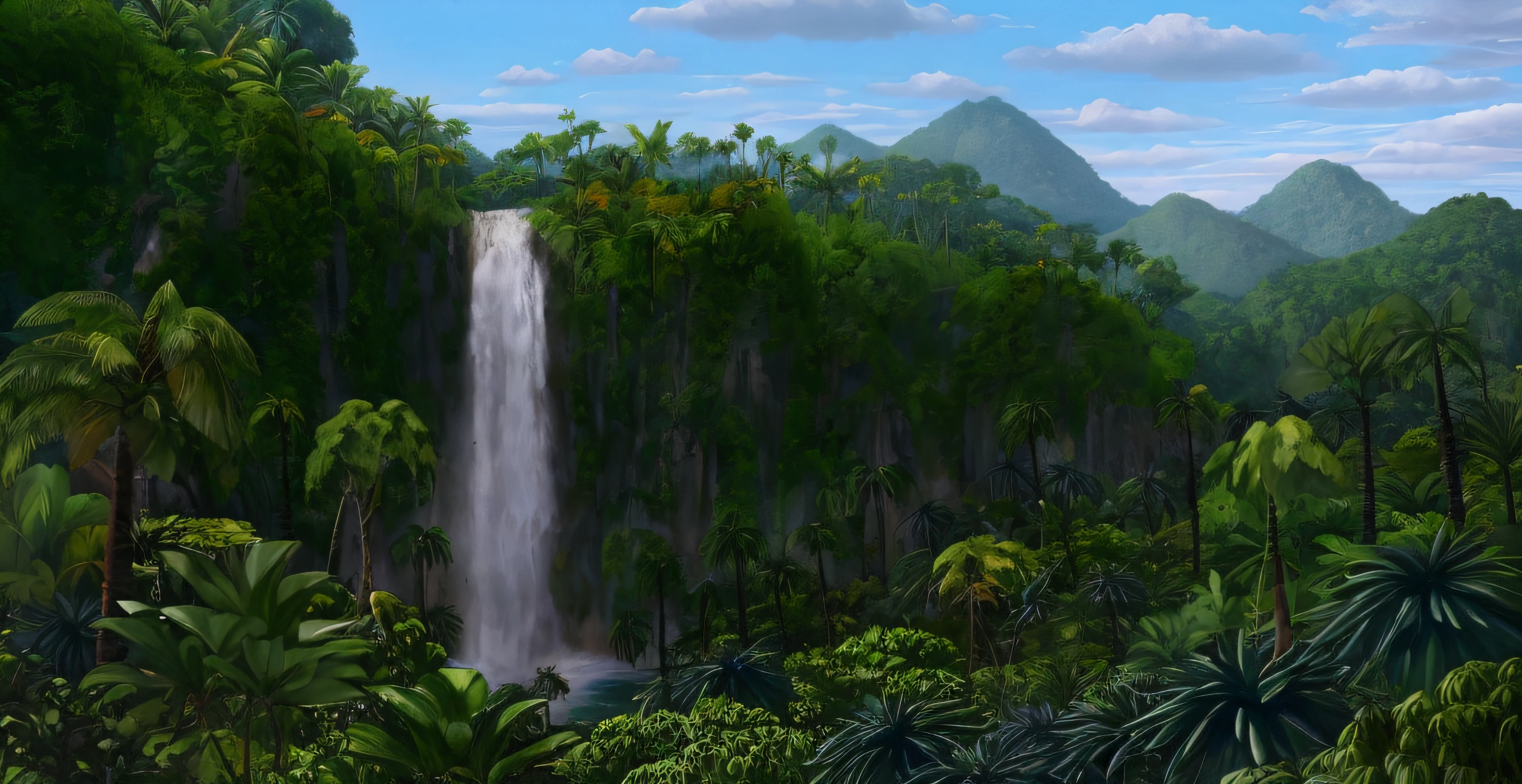 there is a waterfall in the middle of a tropical jungle, the background is lush jungle, background jungle, jungle landscape, rainforest background, mountainous jungle setting, jungle environment, . background: jungle river, the jungle at the background, jungle background, amazon rainforest background, art nouveau jungle environment, in the background is lush jungle, illustration matte painting, lush oasis