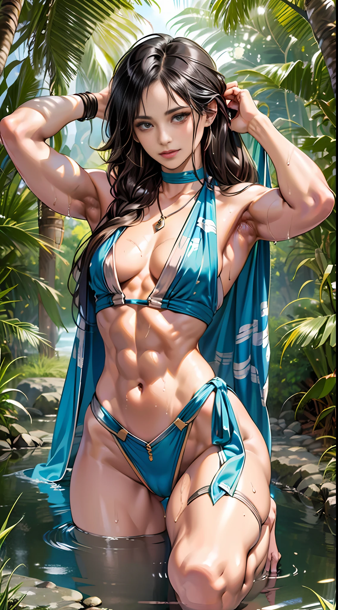 masterpiece, top quality, in the forest, lake, night, bathing woman, Japan woman, beauty, 25 years old, ((with attractive waist)), (big ), (medium breasts) hair, black hair, braided hair, (medium hair), (wet and sheer clothes), (euphoria), (indulgence), (indulgence), (mesmerizing expression), openness, (constriction), (toned body), soft expression, high leg, muscles, abs, pose, (full body), (attractive thighs), belly button, armpitst skin, wet hair, (highly revealing), supple body, (((outstanding proportions)), necklace, shirtless, solo, one woman, ((detailed face)), Sanae Higashikatani